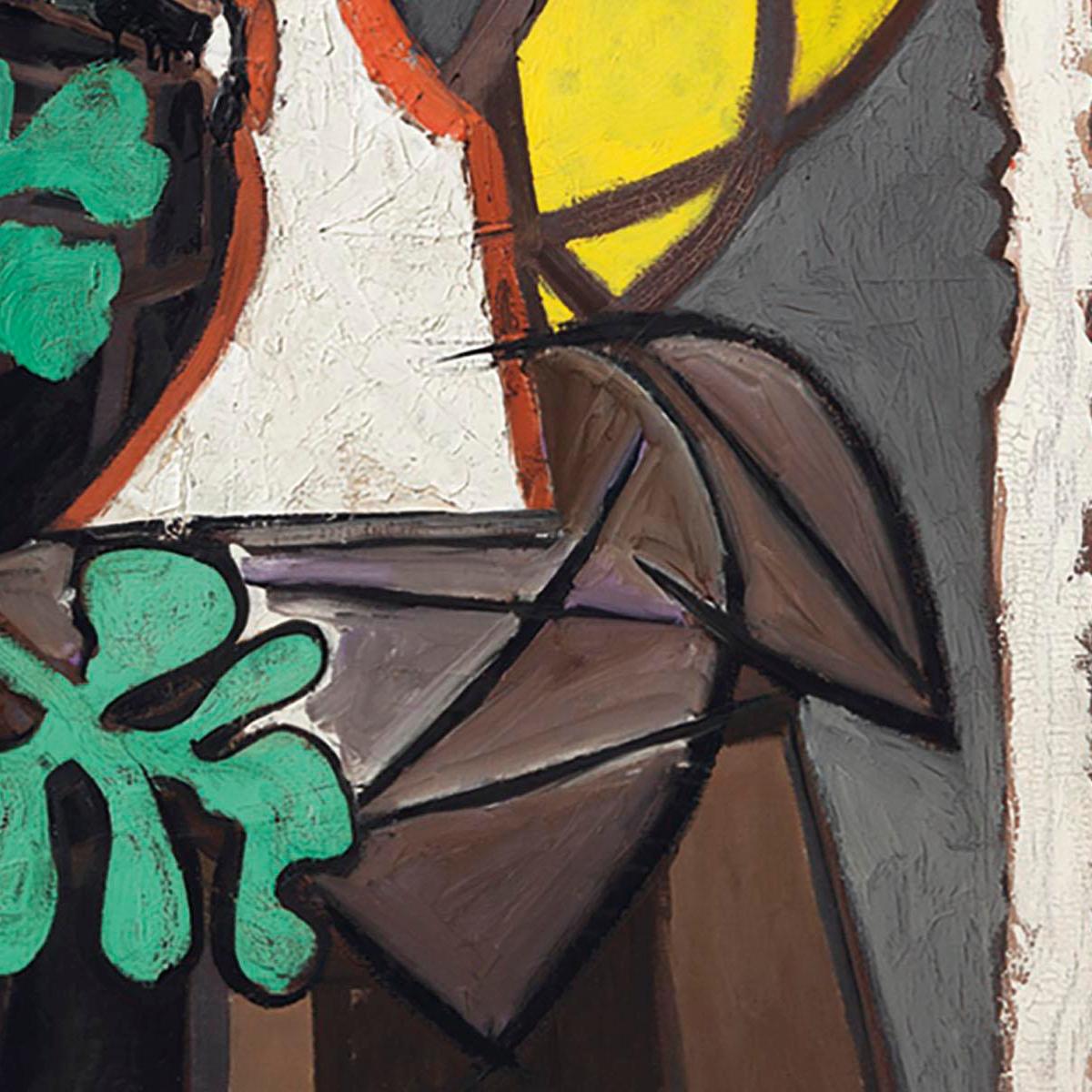 Abstract artwork with geometric shapes in green, brown, yellow, and gray.