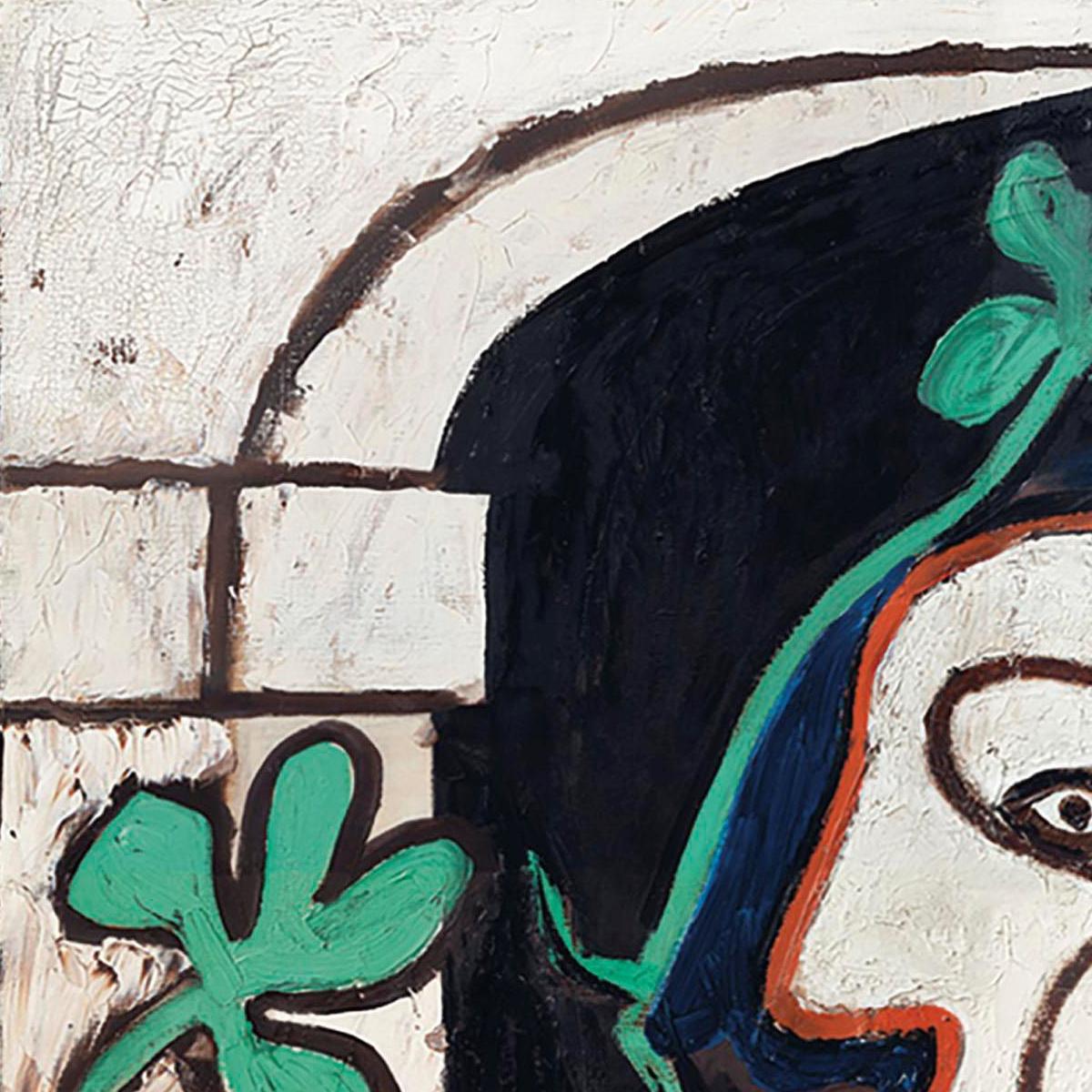 Artistic depiction of a face with black hair and green leaves, on a textured white background.