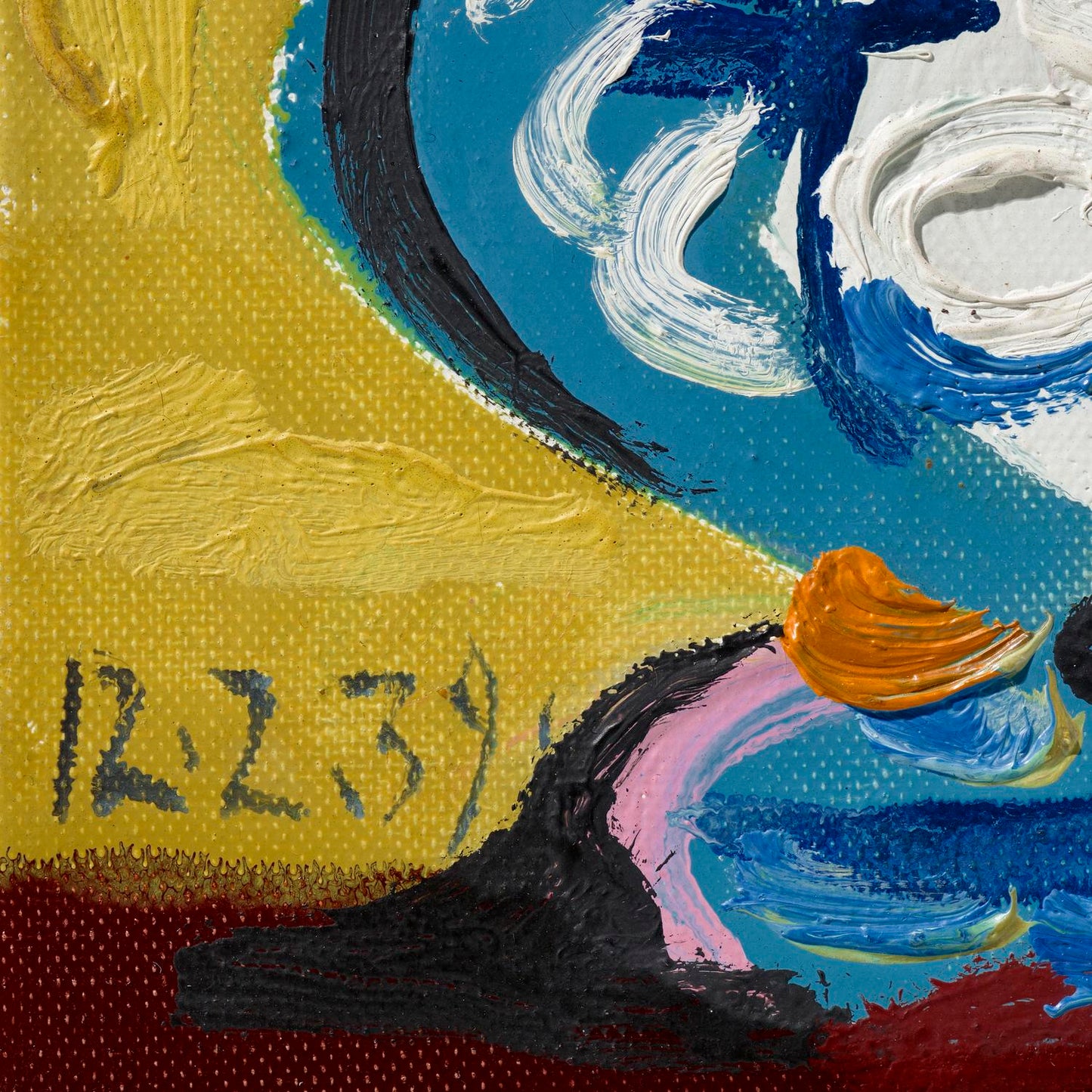 Abstract painting with swirling colors and a date '12239' on a textured background.