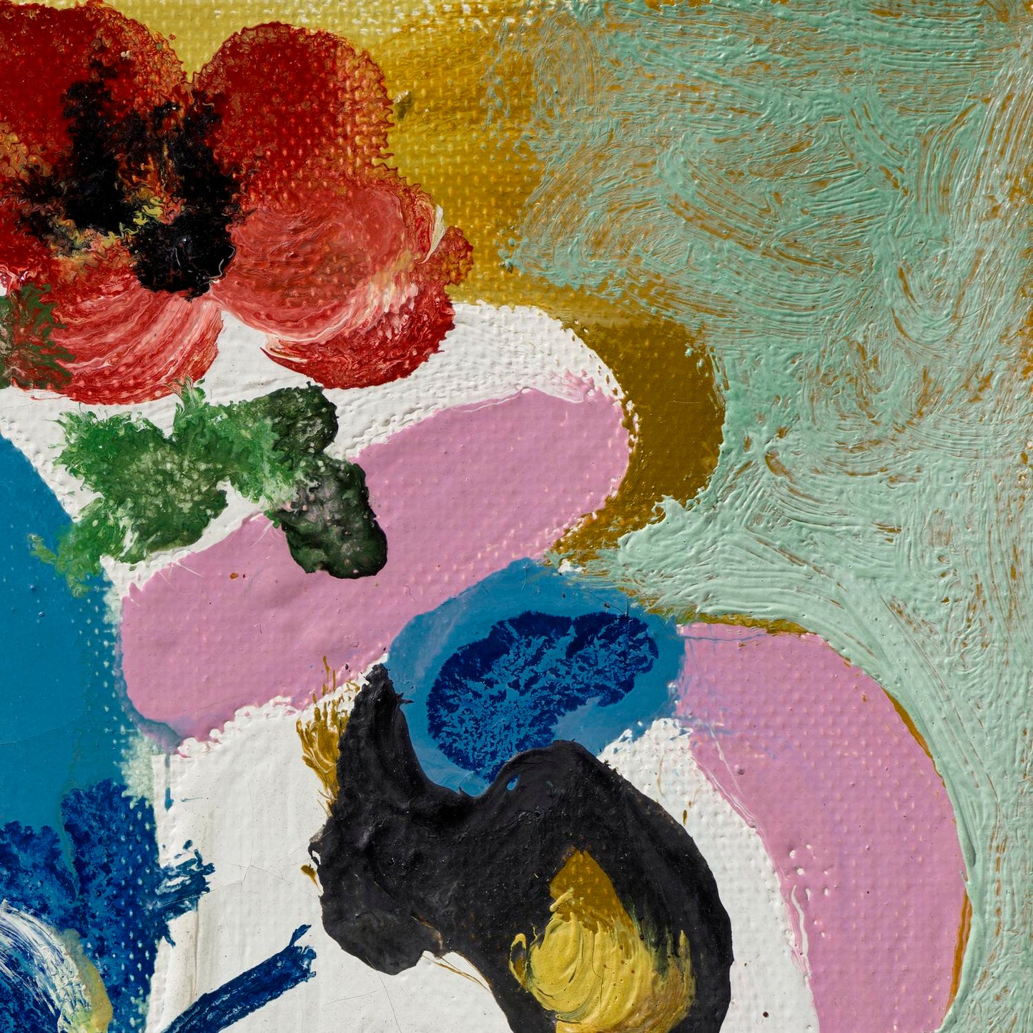 Abstract painting with colorful flowers and shapes