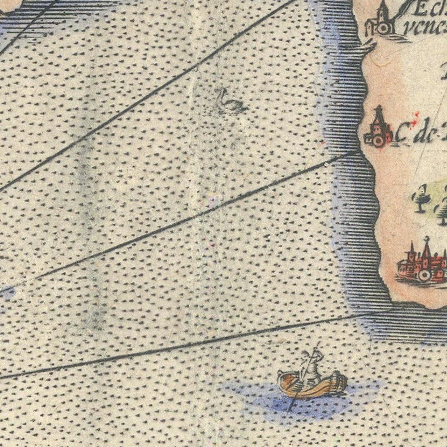 Vintage map detail with a coastal area and a small boat.