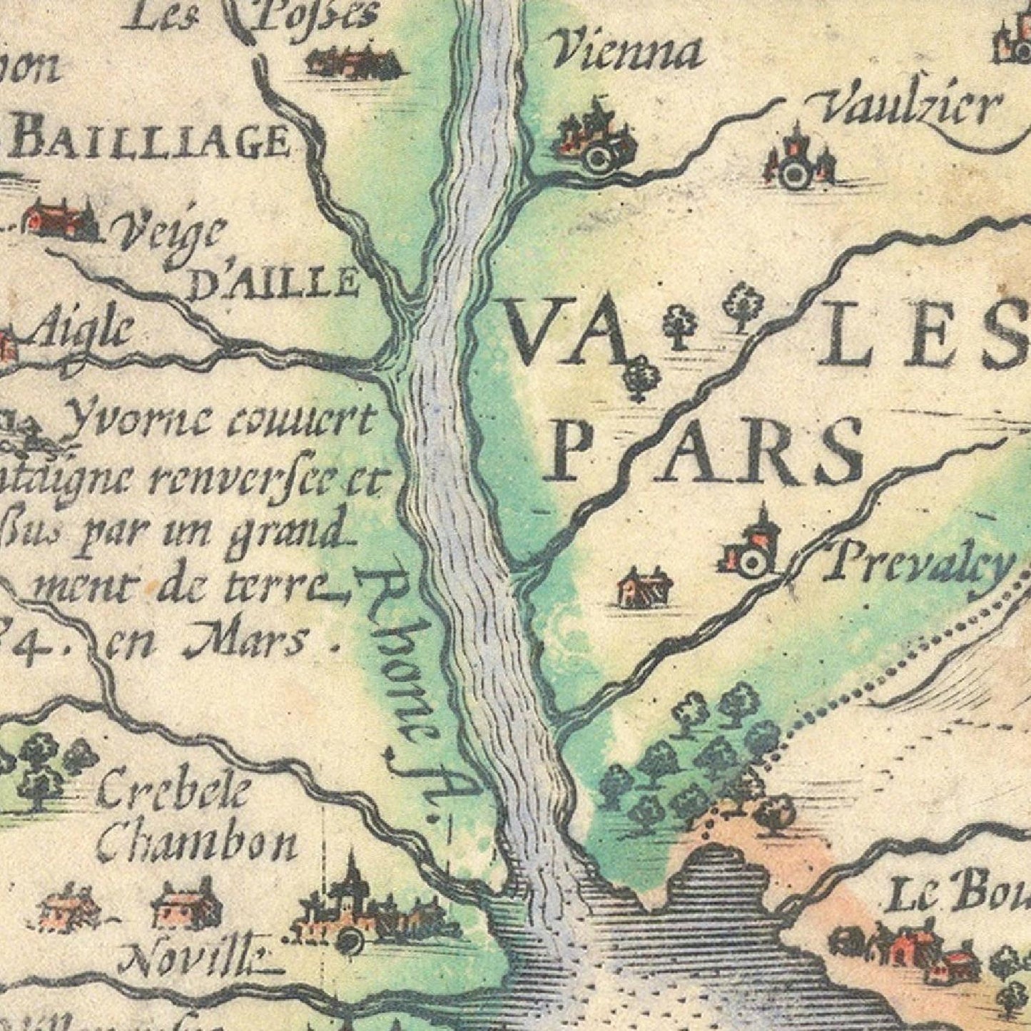 Vintage map with a river and labeled places