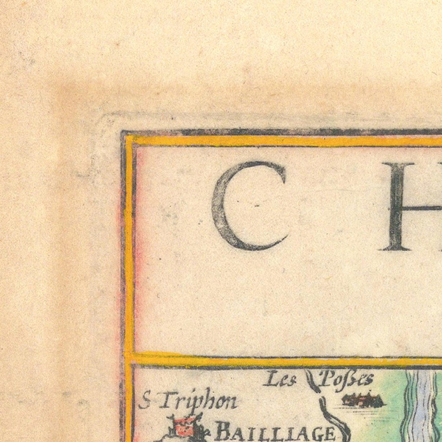 Vintage map detail with 'CH' and 'Bailliage' text on a textured background