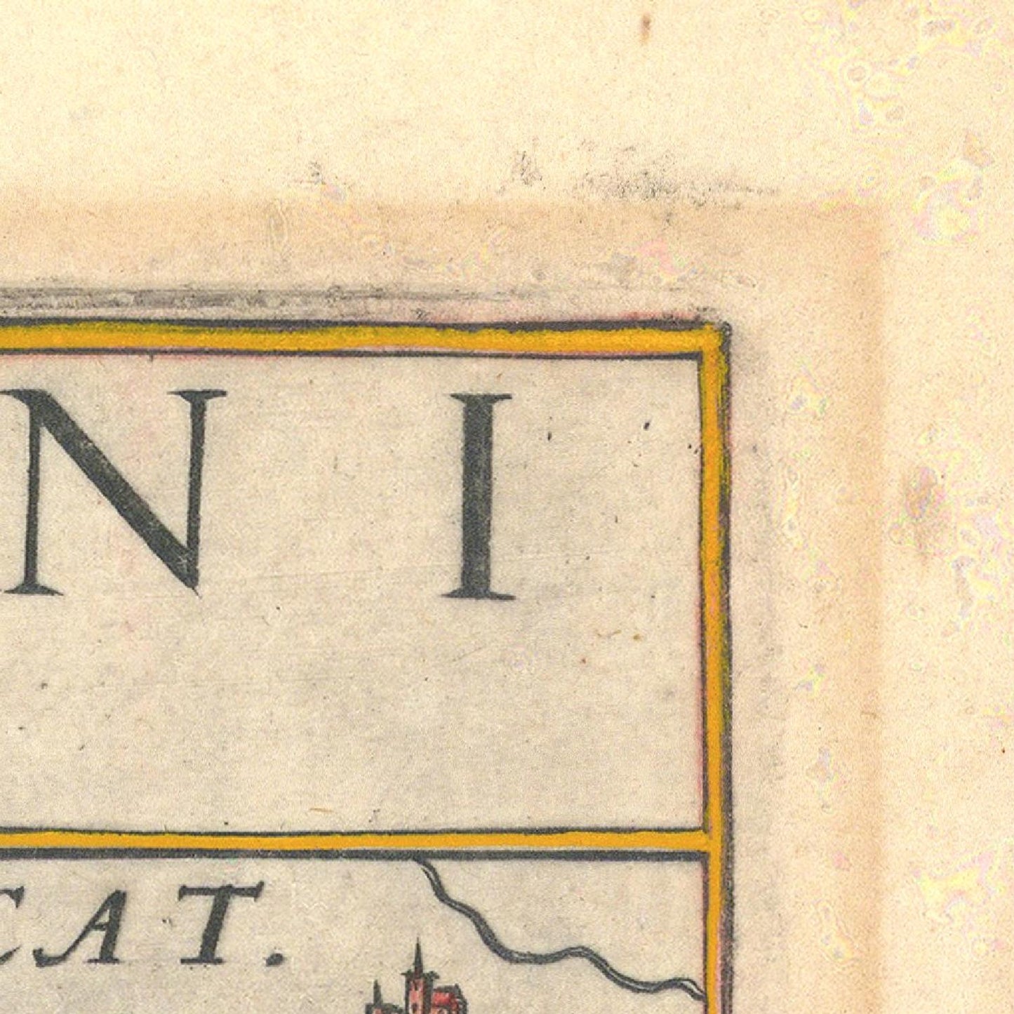 Vintage map detail with text and a small red building illustration on a beige background