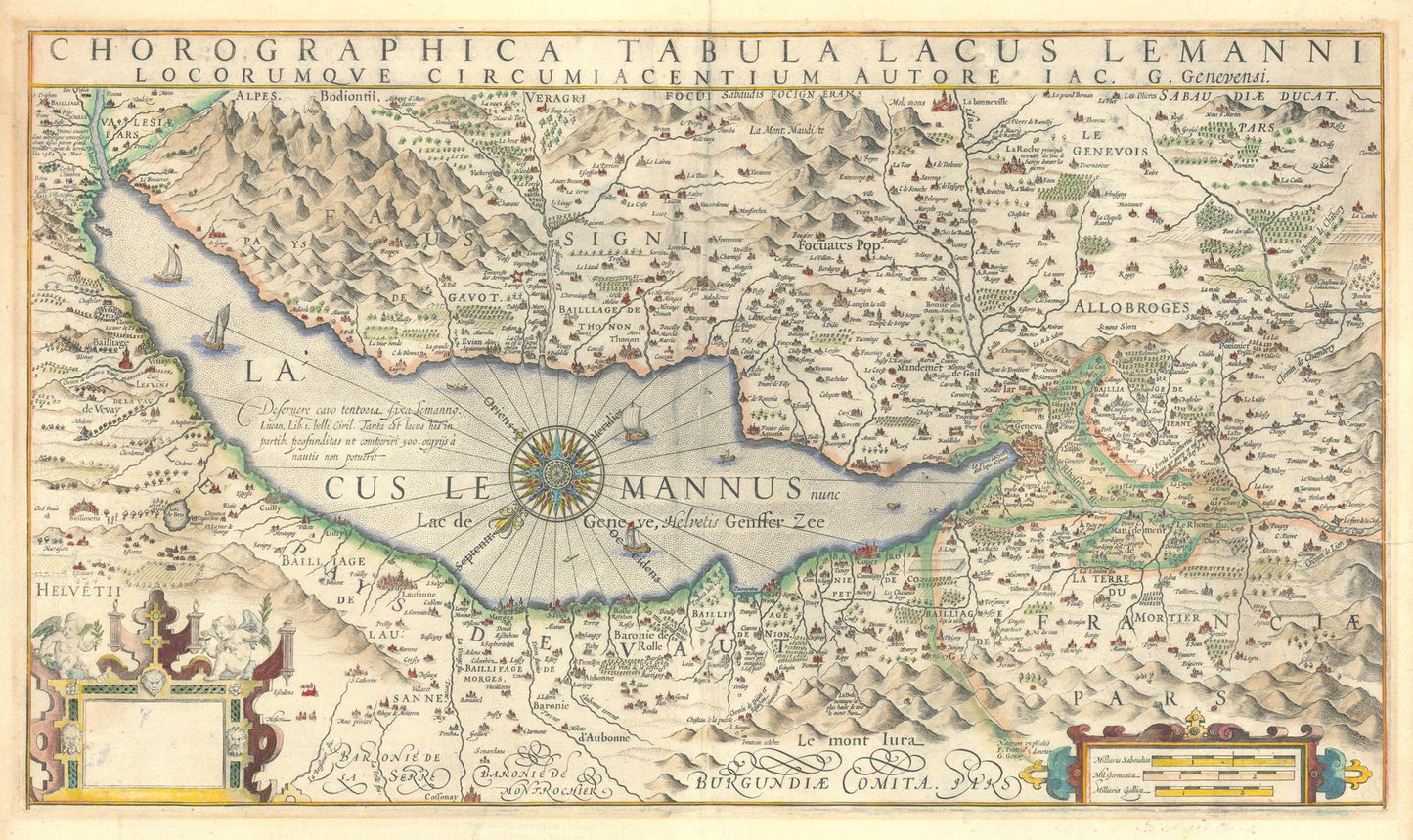 Vintage map of a lake with surrounding regions, featuring text and decorative elements.
