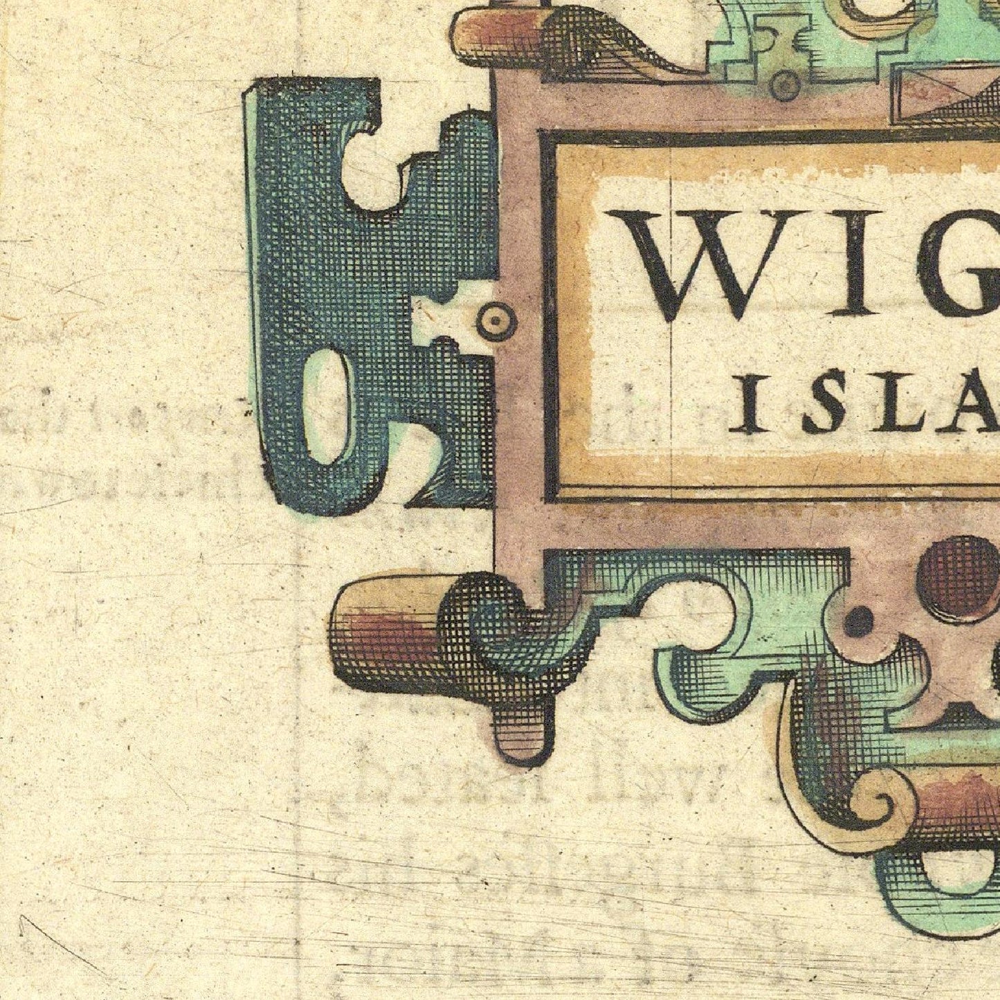 Vintage-style map detail with 'Wig' and 'Island' text on a textured background