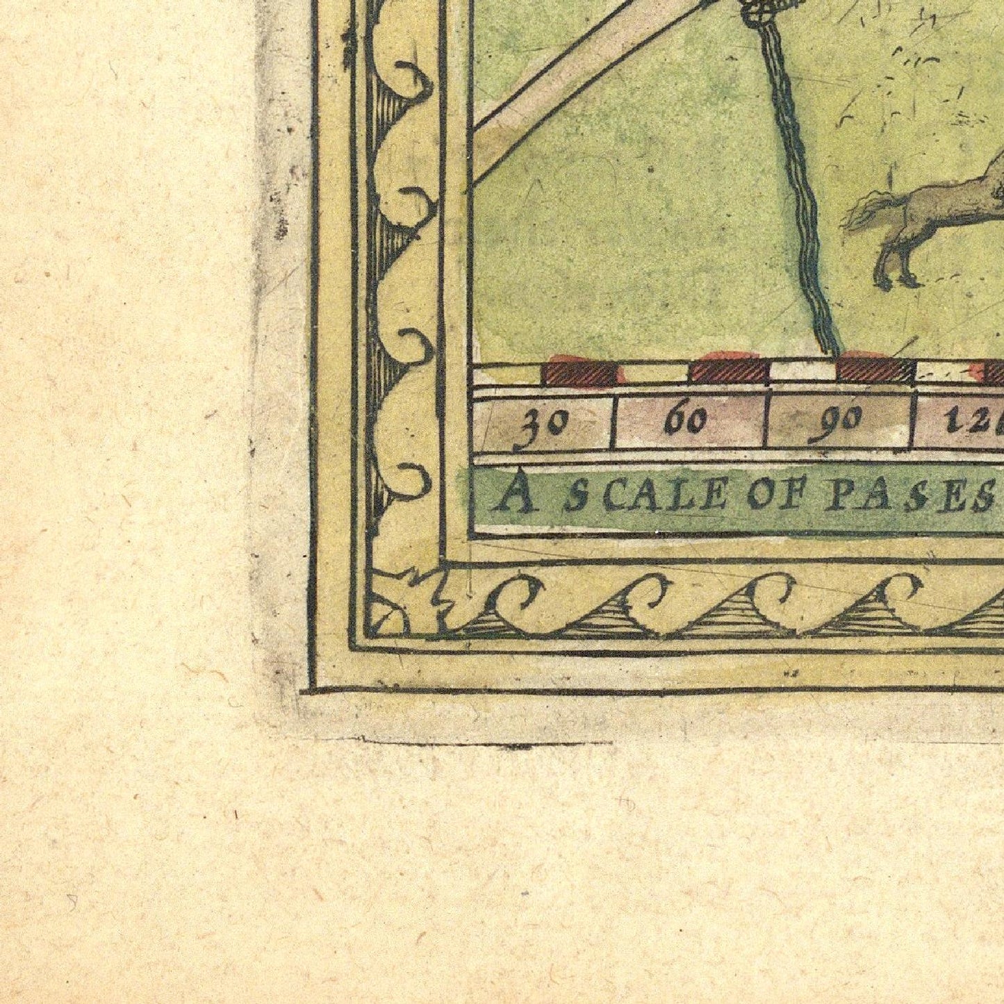Vintage map detail with a scale of paces on a textured beige background