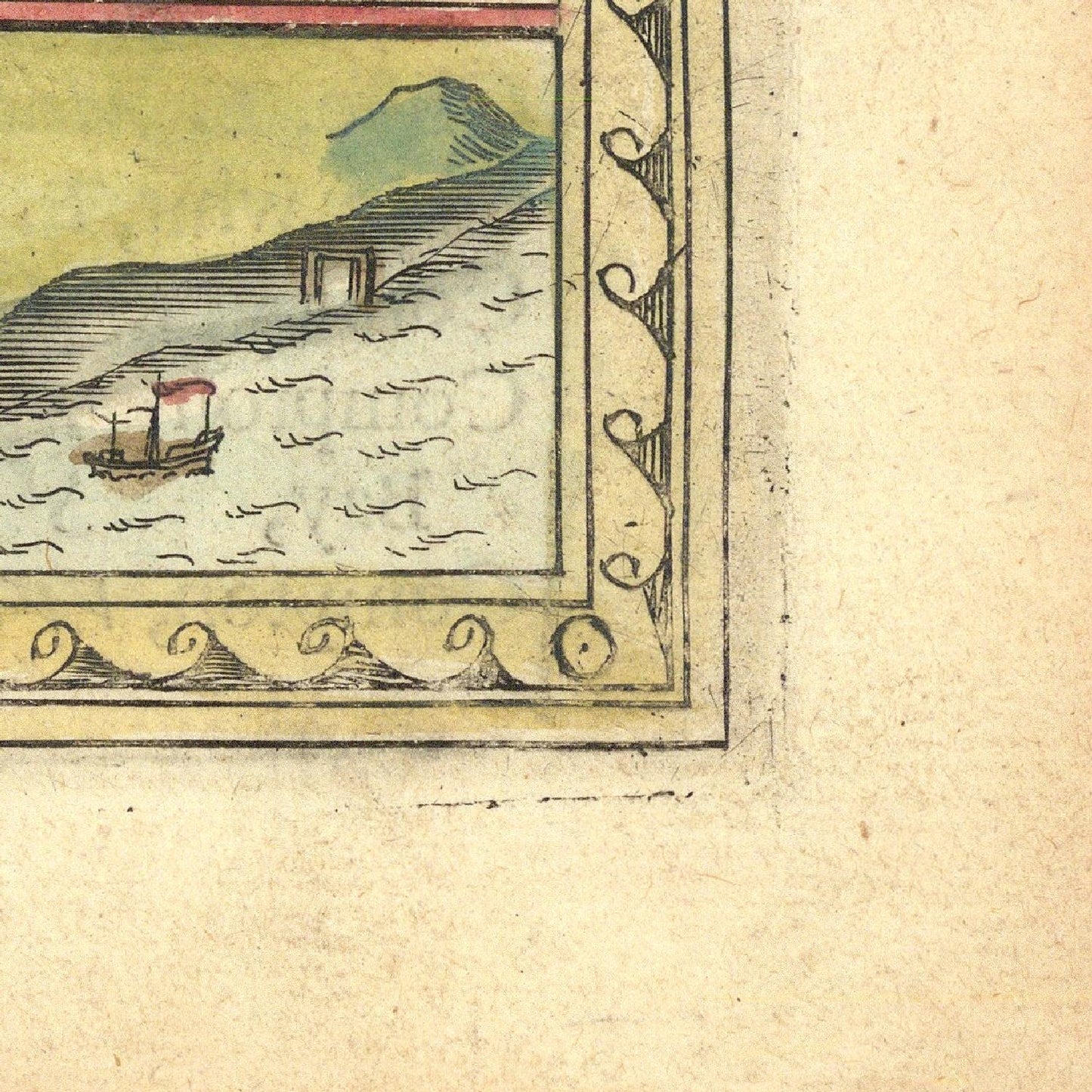 Vintage illustration of a ship on water with decorative border on textured paper.