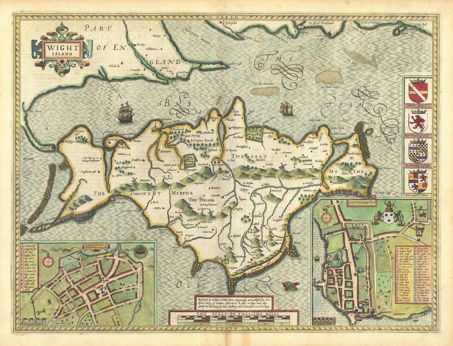 Vintage map of Wight Island with detailed topography and illustrations.