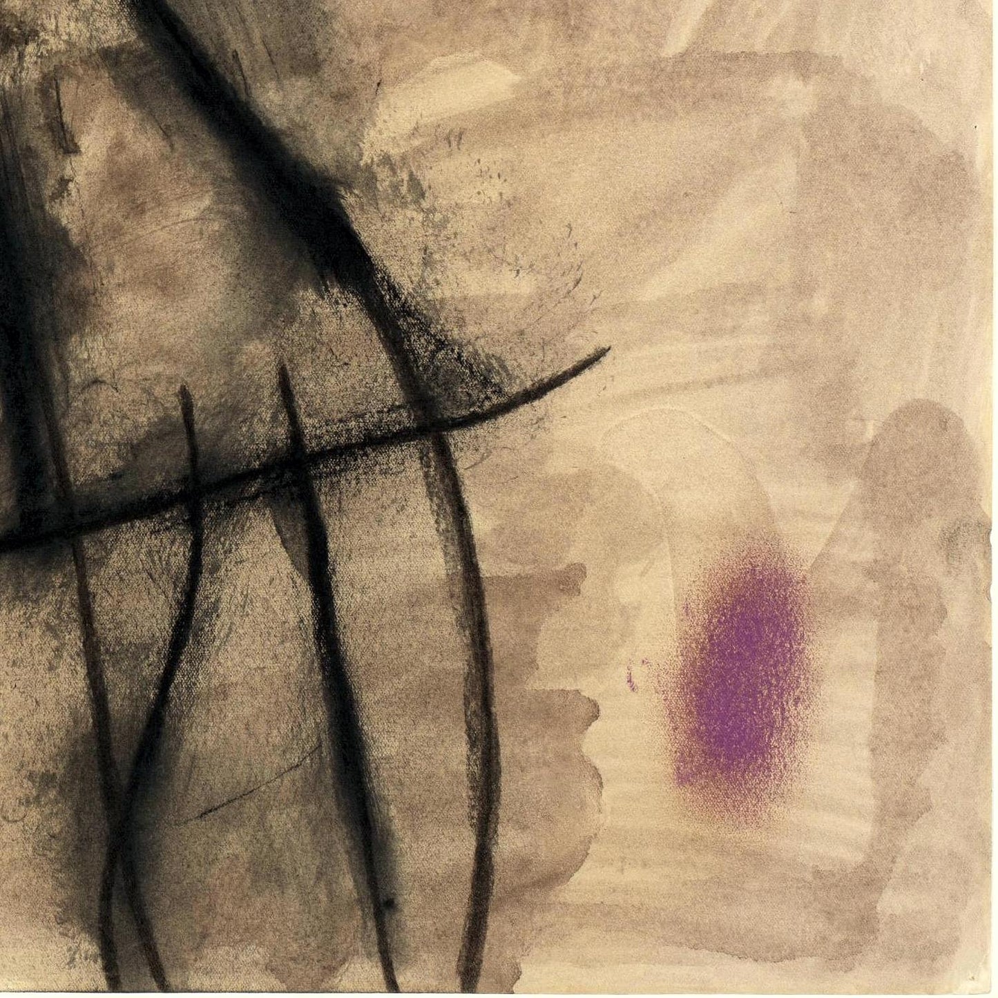 Abstract art piece with black and purple elements on a textured beige background