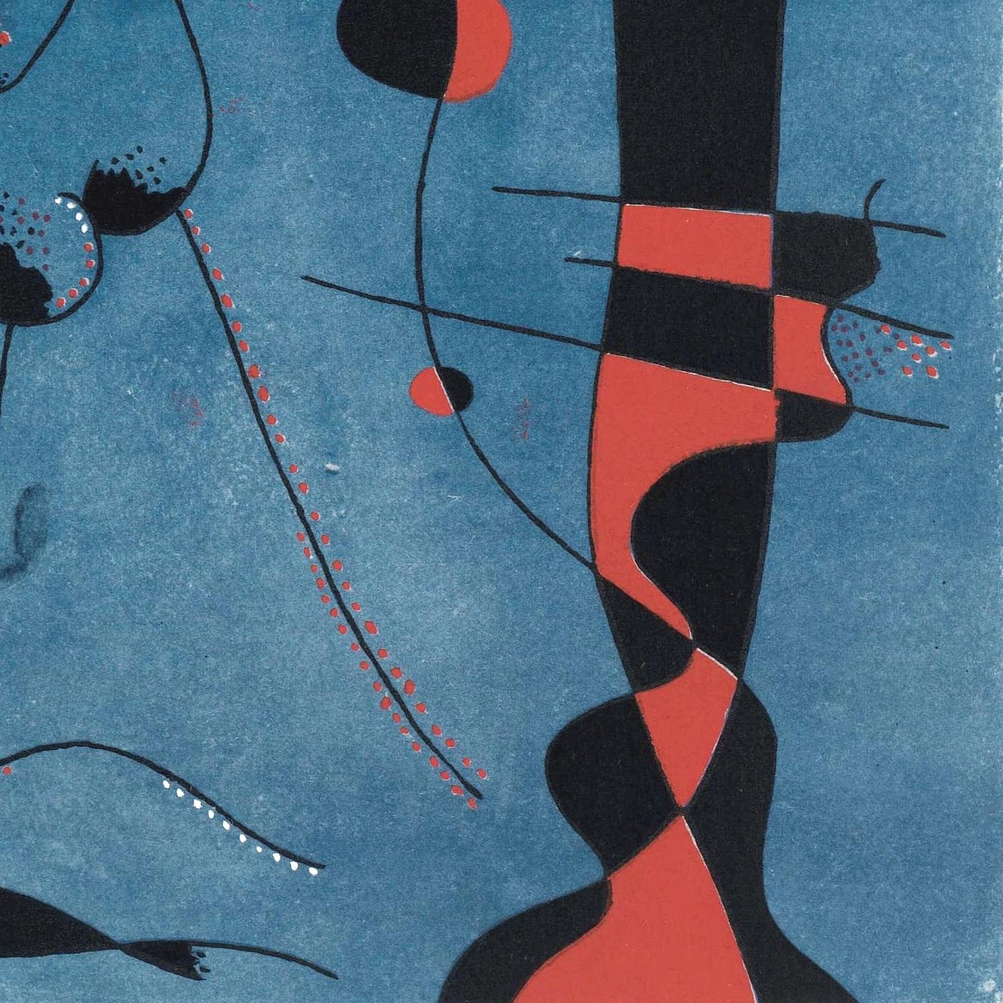 Abstract art with red and black shapes on a blue background