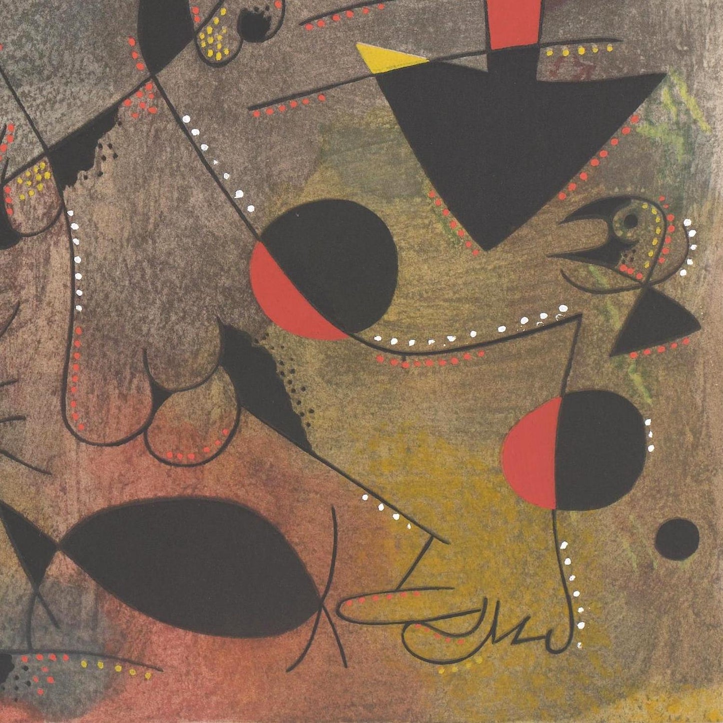 Abstract artwork with geometric shapes and bold colors on a textured background