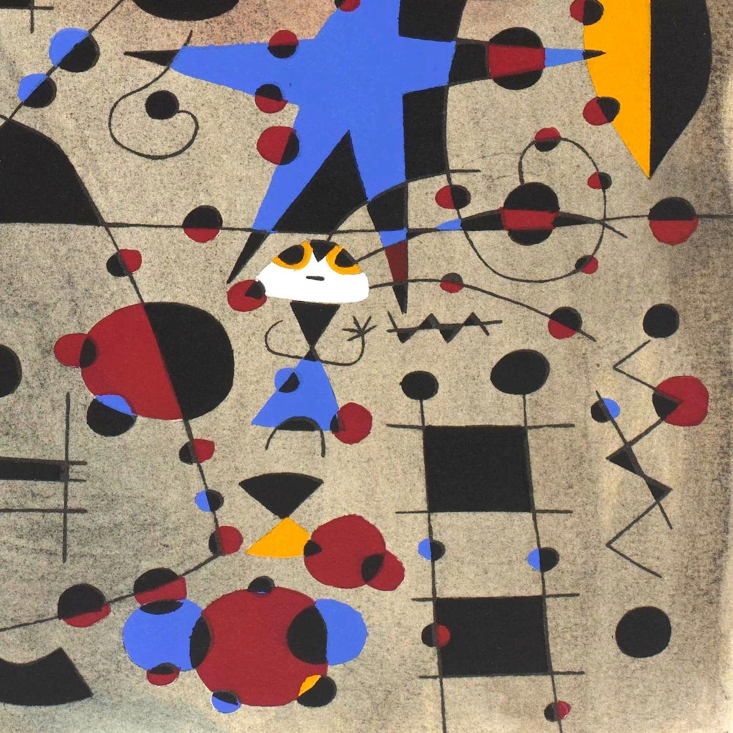 Abstract artwork with geometric shapes and bold colors on a textured background