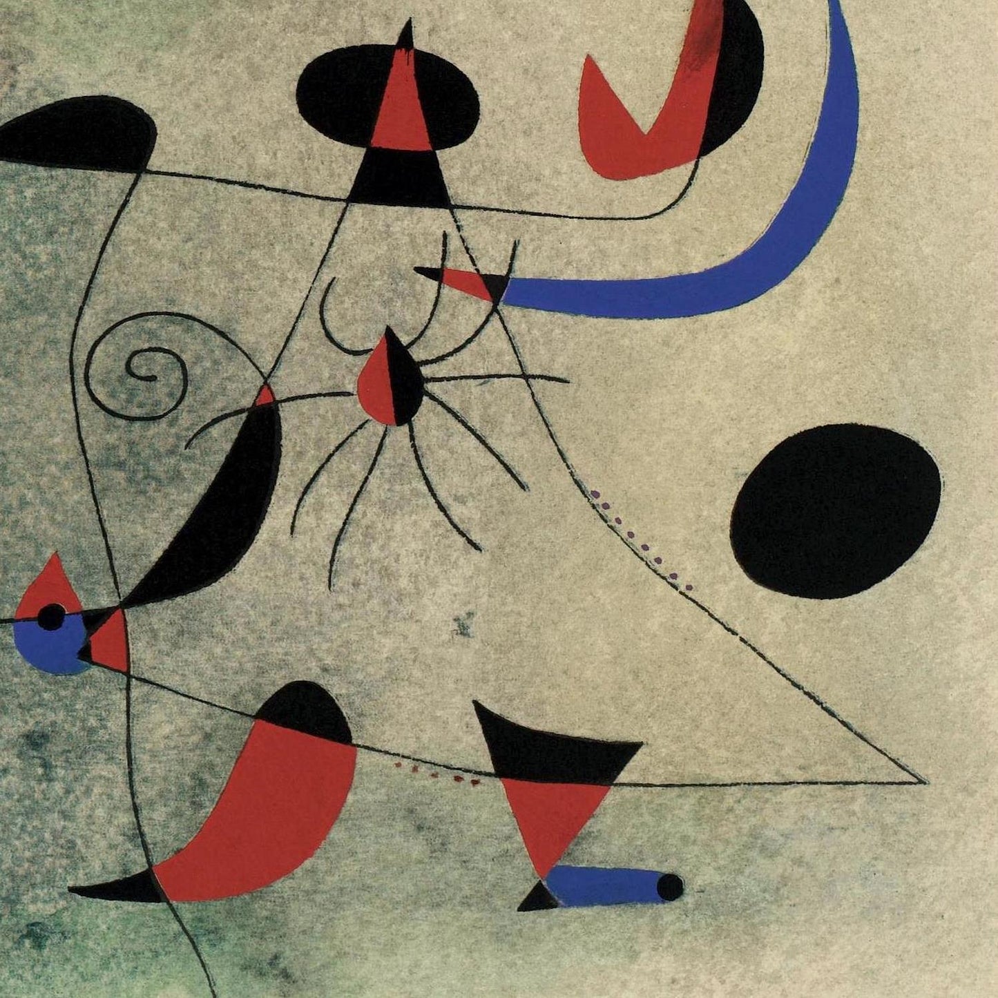 Abstract artwork with geometric shapes in black, red, and blue on a textured beige background