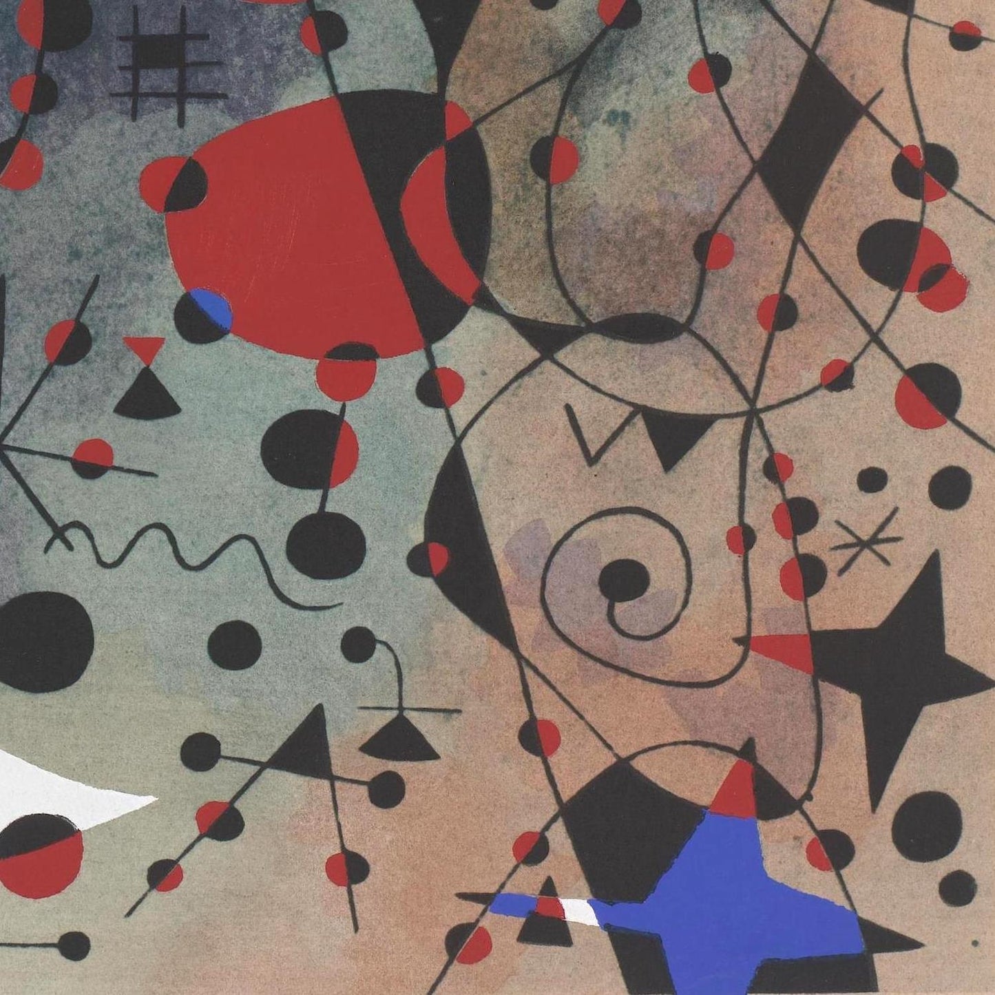 Abstract artwork with geometric shapes and colors on a textured background