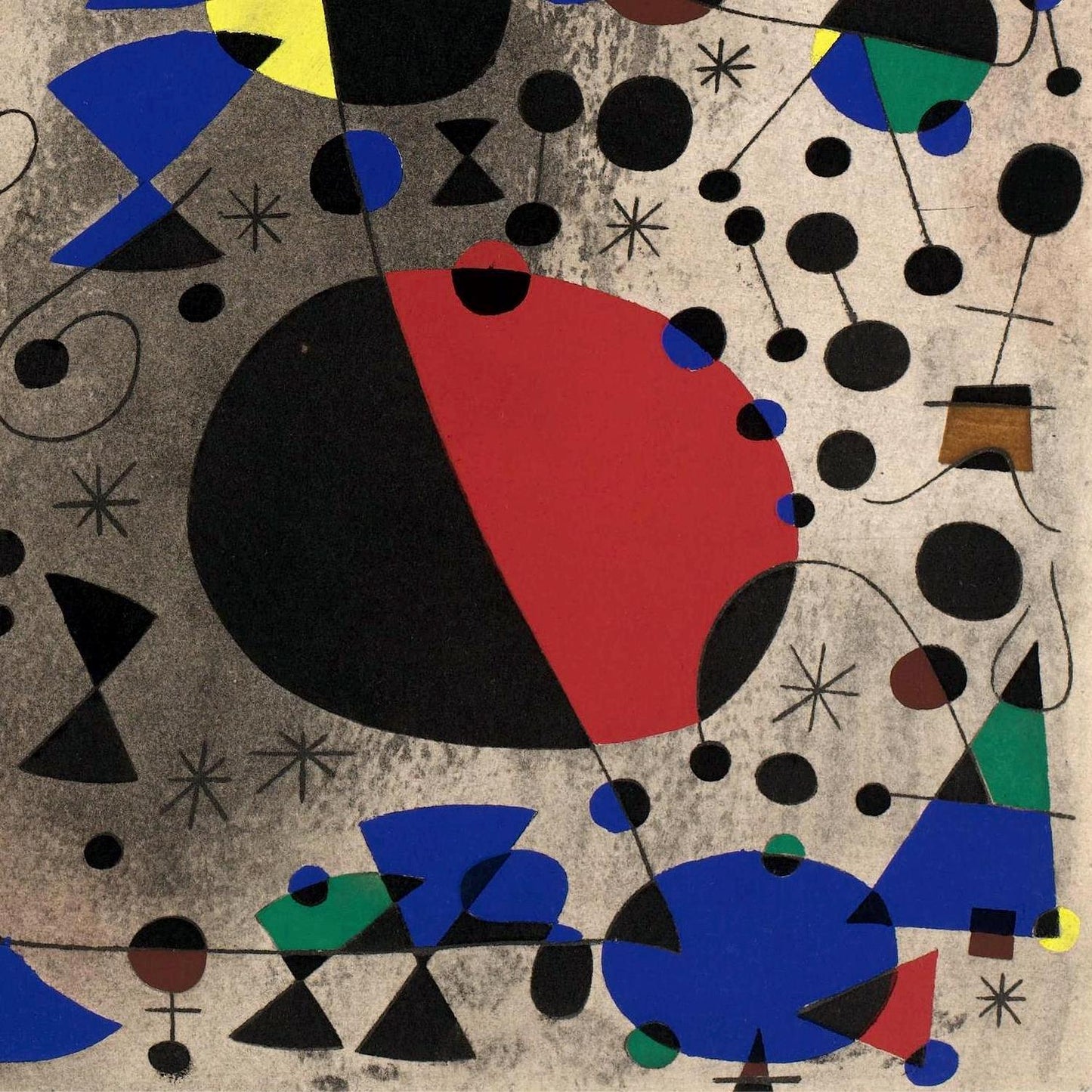 Abstract art piece with geometric shapes in red, blue, black, and green on a beige background.