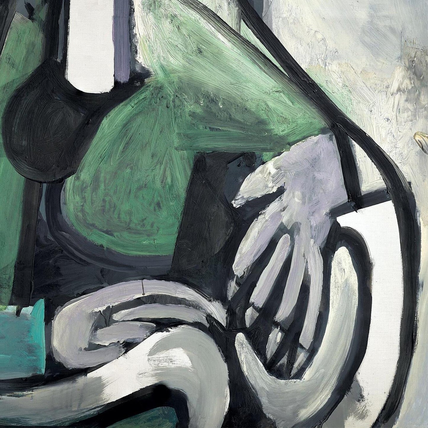 Abstract art piece with green, black, and white colors