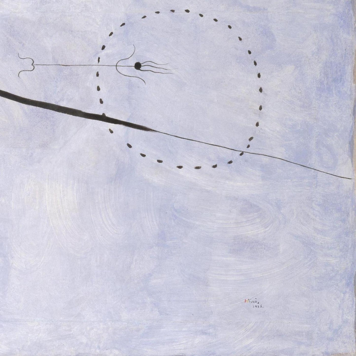 Abstract artwork with black lines and dots on a light blue background