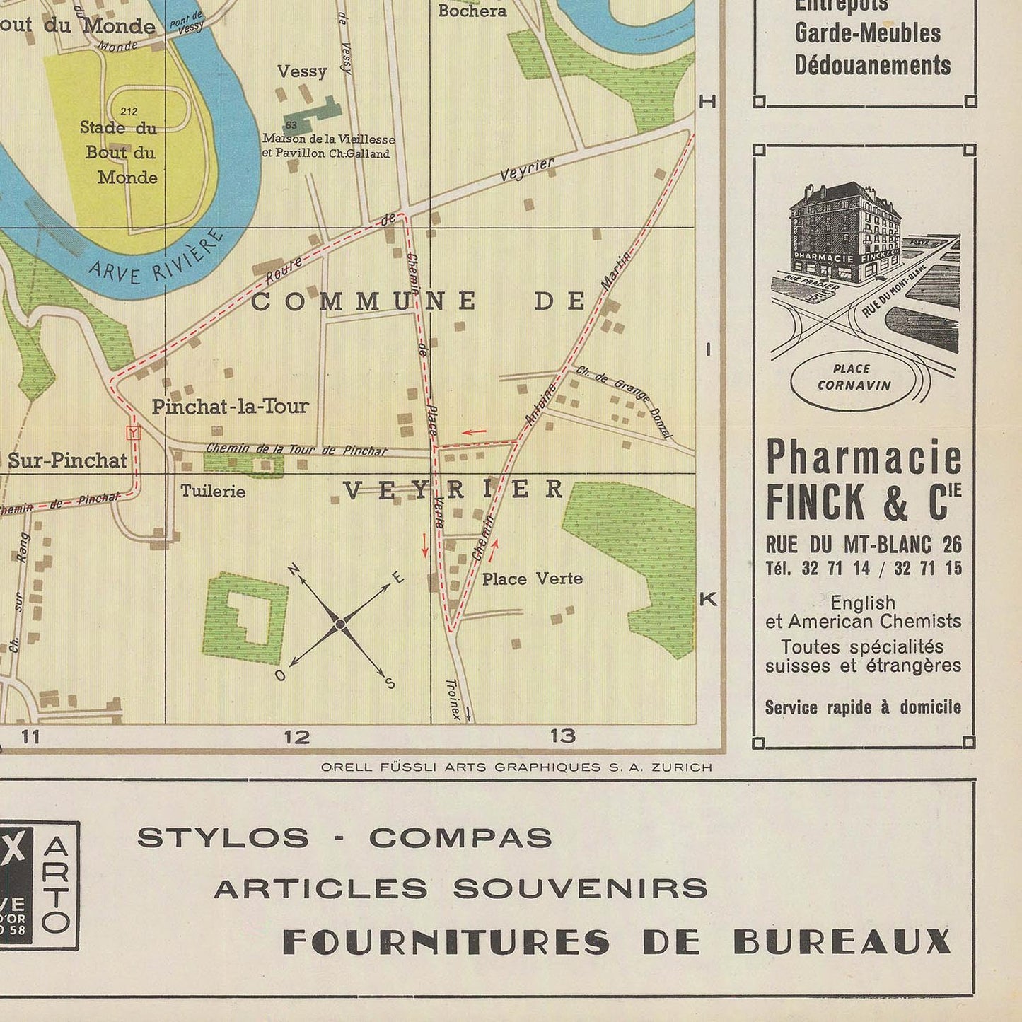 Vintage map of a commune with a pharmacy advertisement and office supplies text.