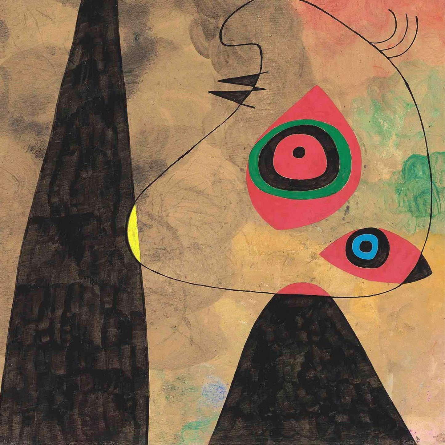 Abstract artwork with geometric shapes and colors on a textured background