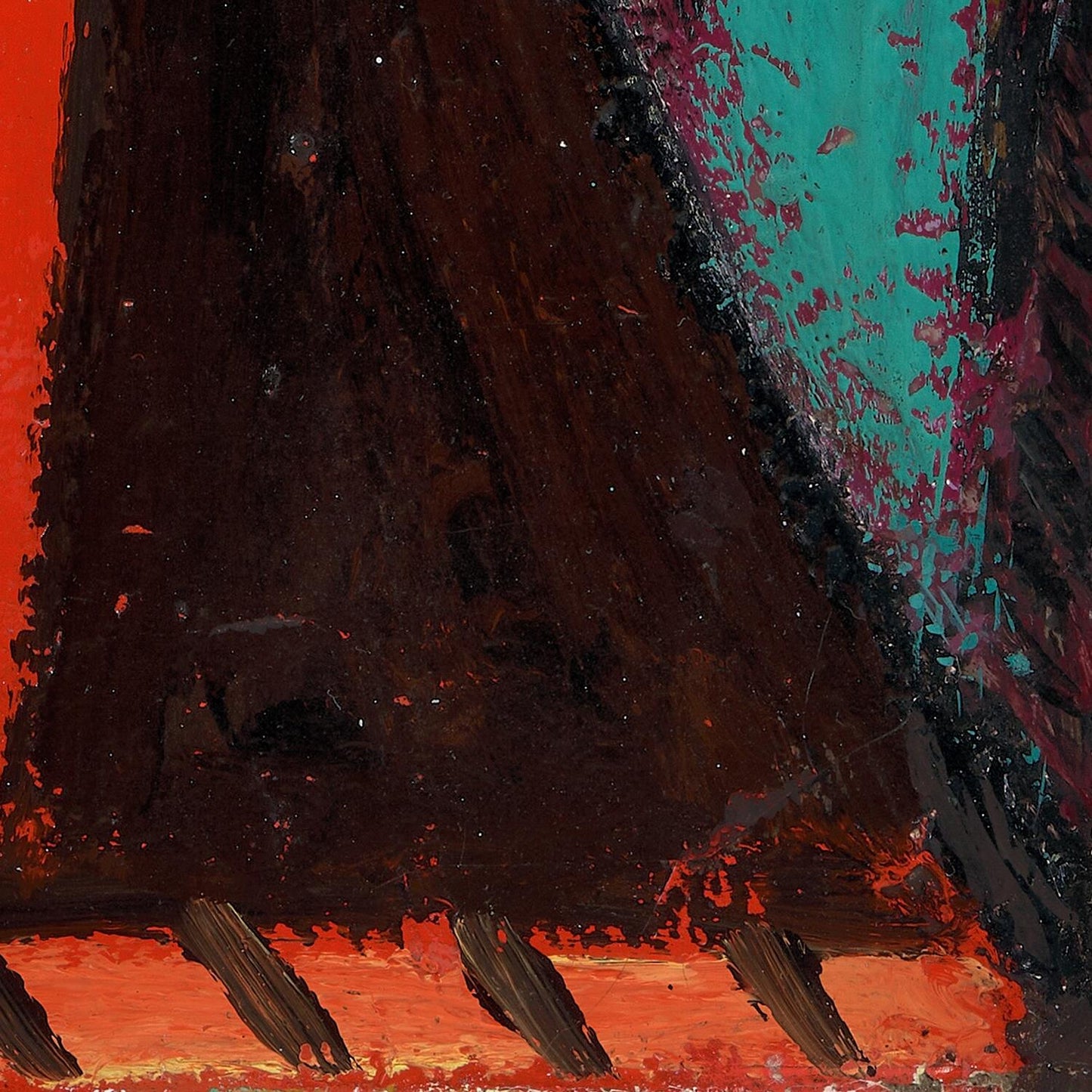 Abstract painting with dark brown, red, and teal colors