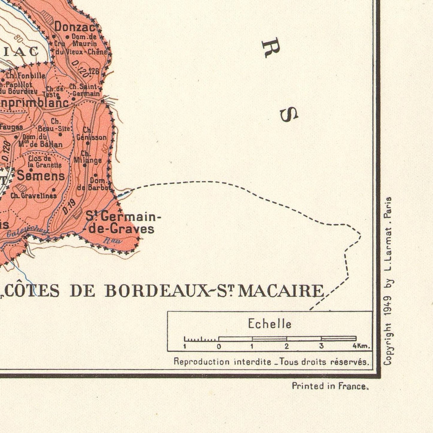 Vintage map of Côtes de Bordeaux-St Macaire with labeled areas and a scale.
