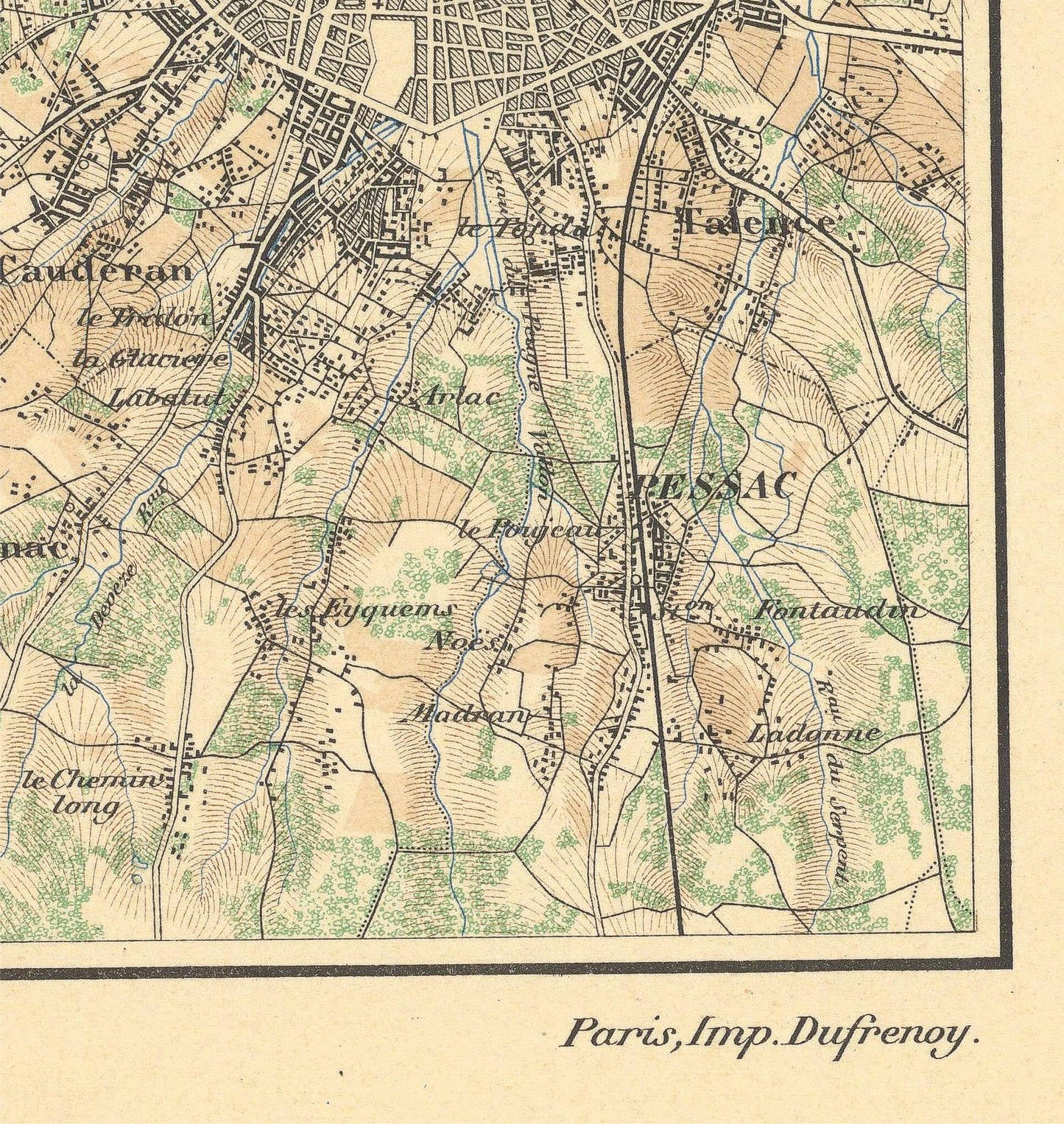Vintage map of a town with labeled streets and landmarks, featuring a color gradient.