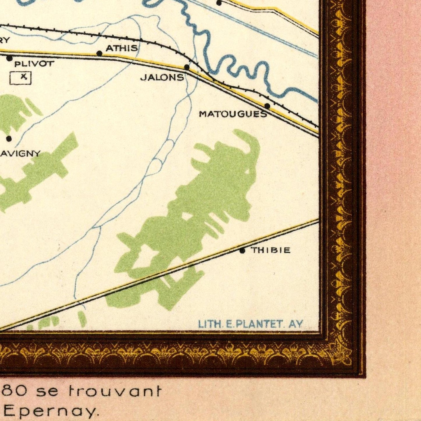 Vintage map with decorative border and text, showing a section of a route with landmarks.