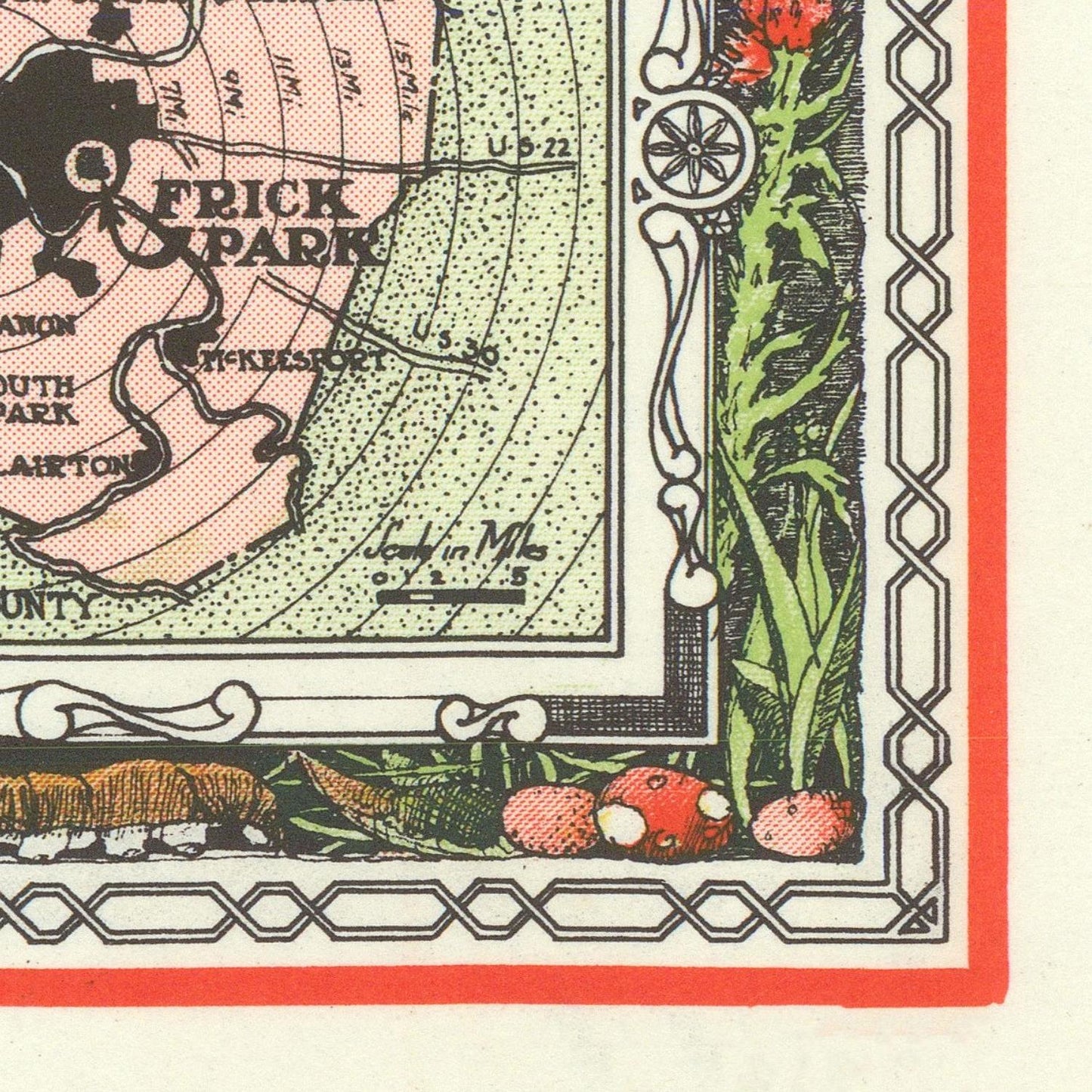 Map of Frick Park with decorative elements and a red border