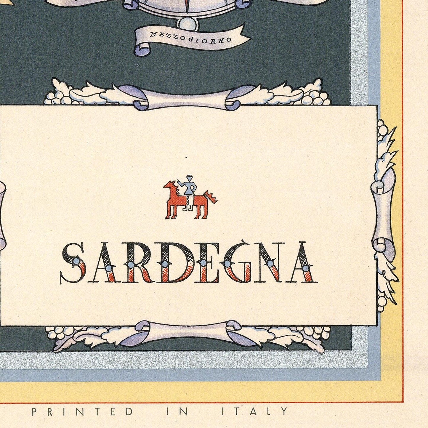 Decorative print with 'Sardegna' text and horse emblem, framed by decorative elements.