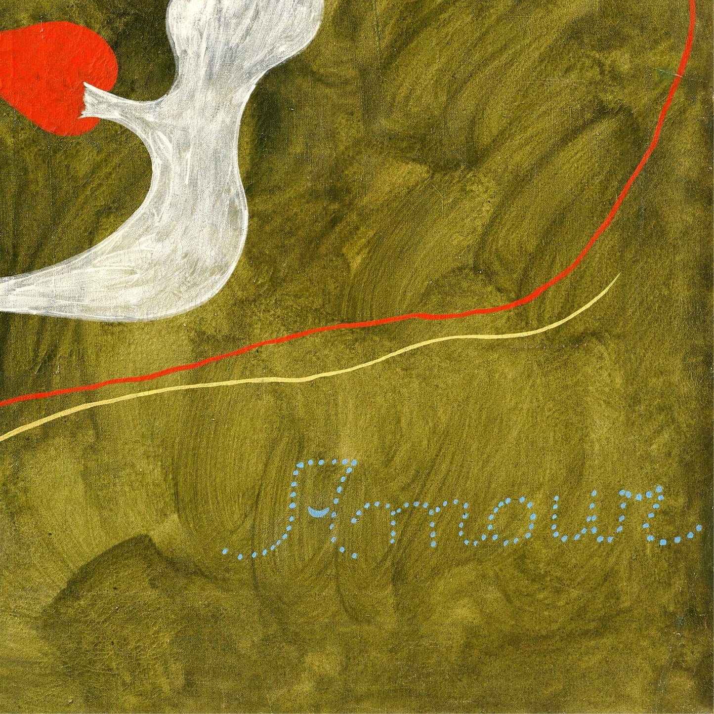 Abstract artwork with a red heart, white dove, and text on a textured green background