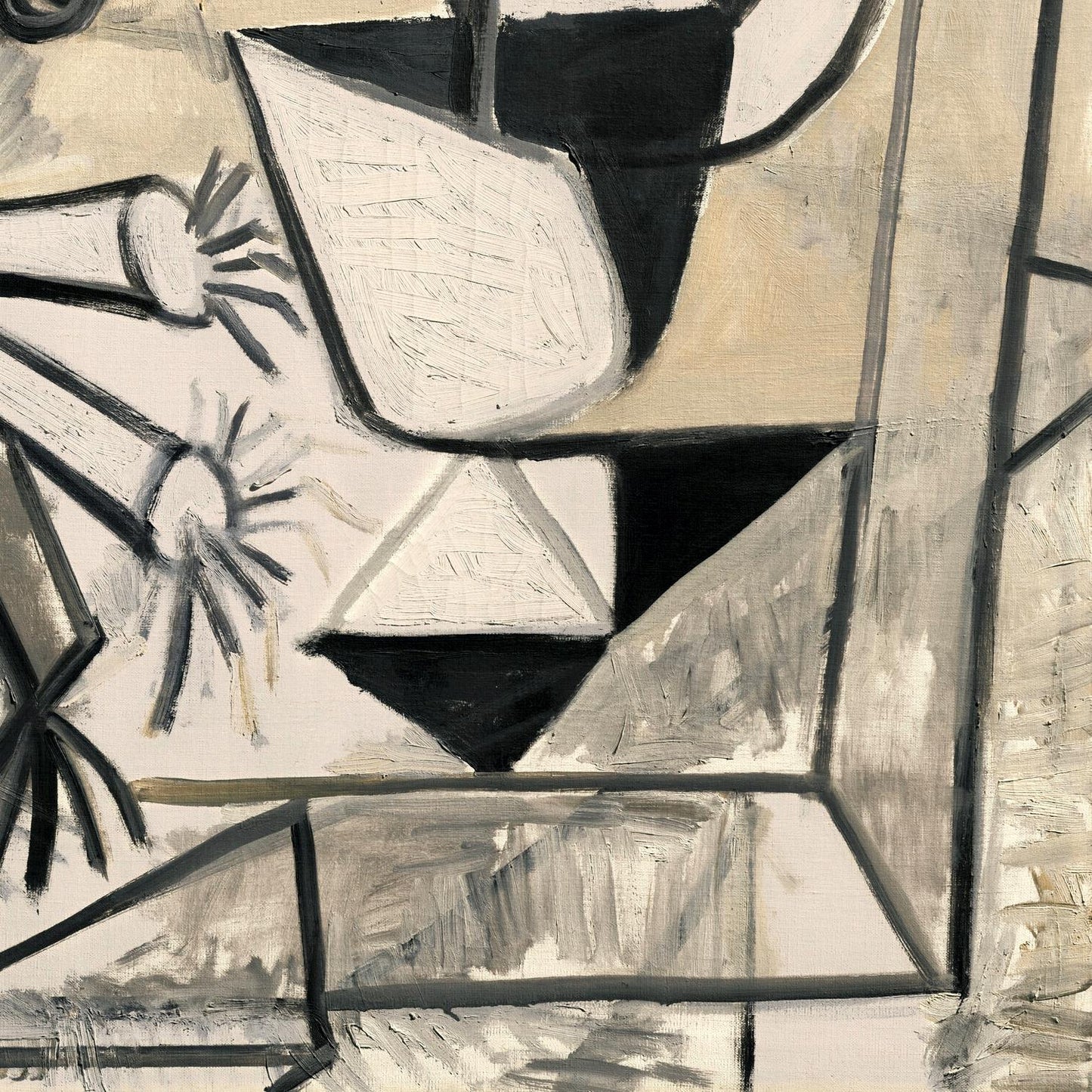 Abstract artwork with geometric shapes in black, white, and gray.