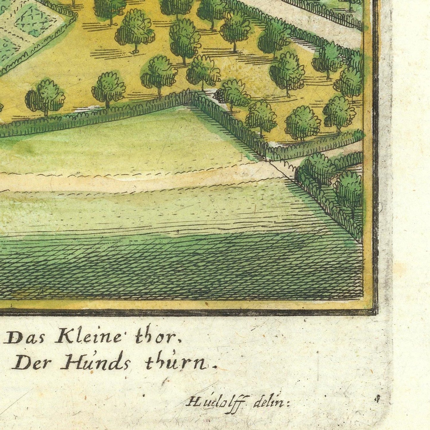 Vintage map or engraving of a landscape with trees and fields, labeled 'Das Kleine thor. Der Hünds thurn.'