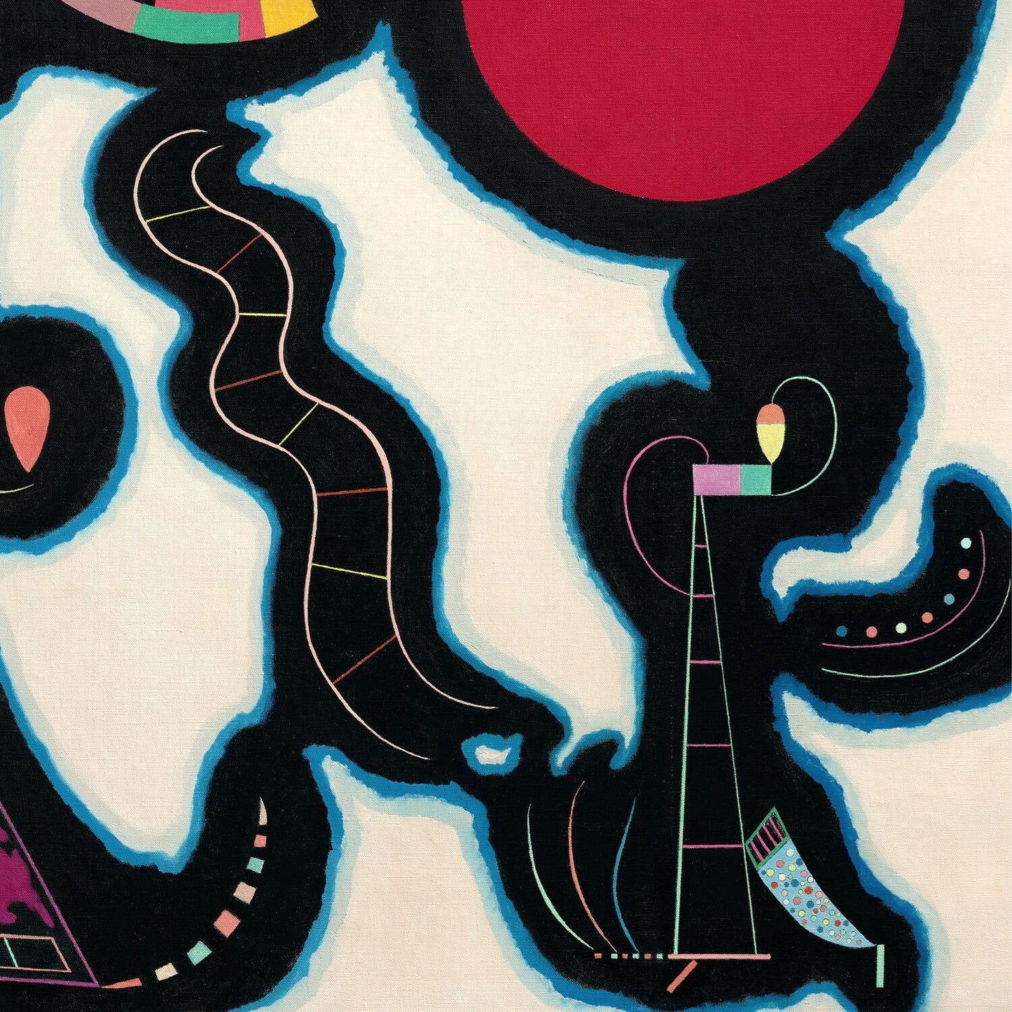 Abstract design with black shapes, colorful lines, and a red circle on a white background