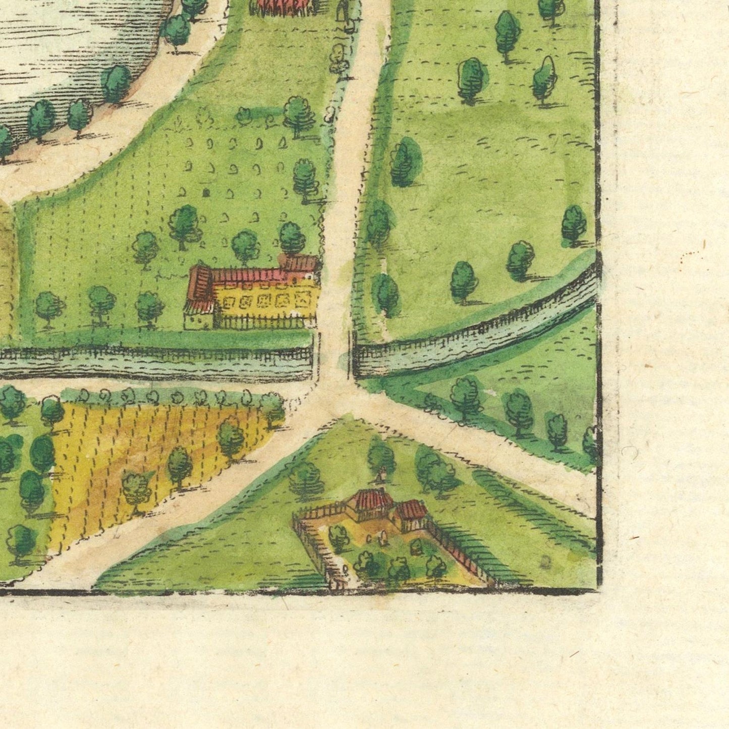 Vintage map or illustration of a landscape with buildings, roads, and trees.