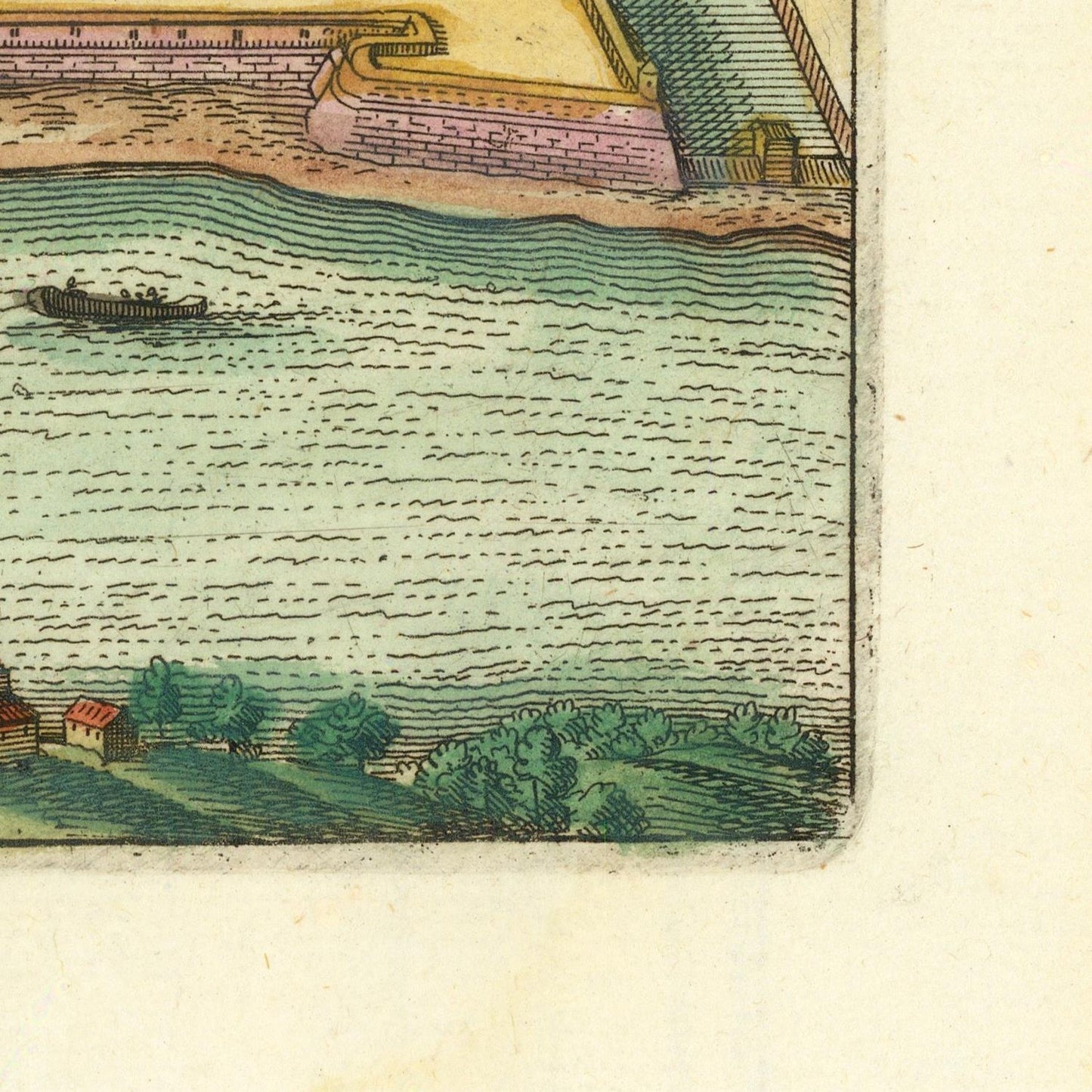 Vintage illustration of a landscape with water, boats, and greenery