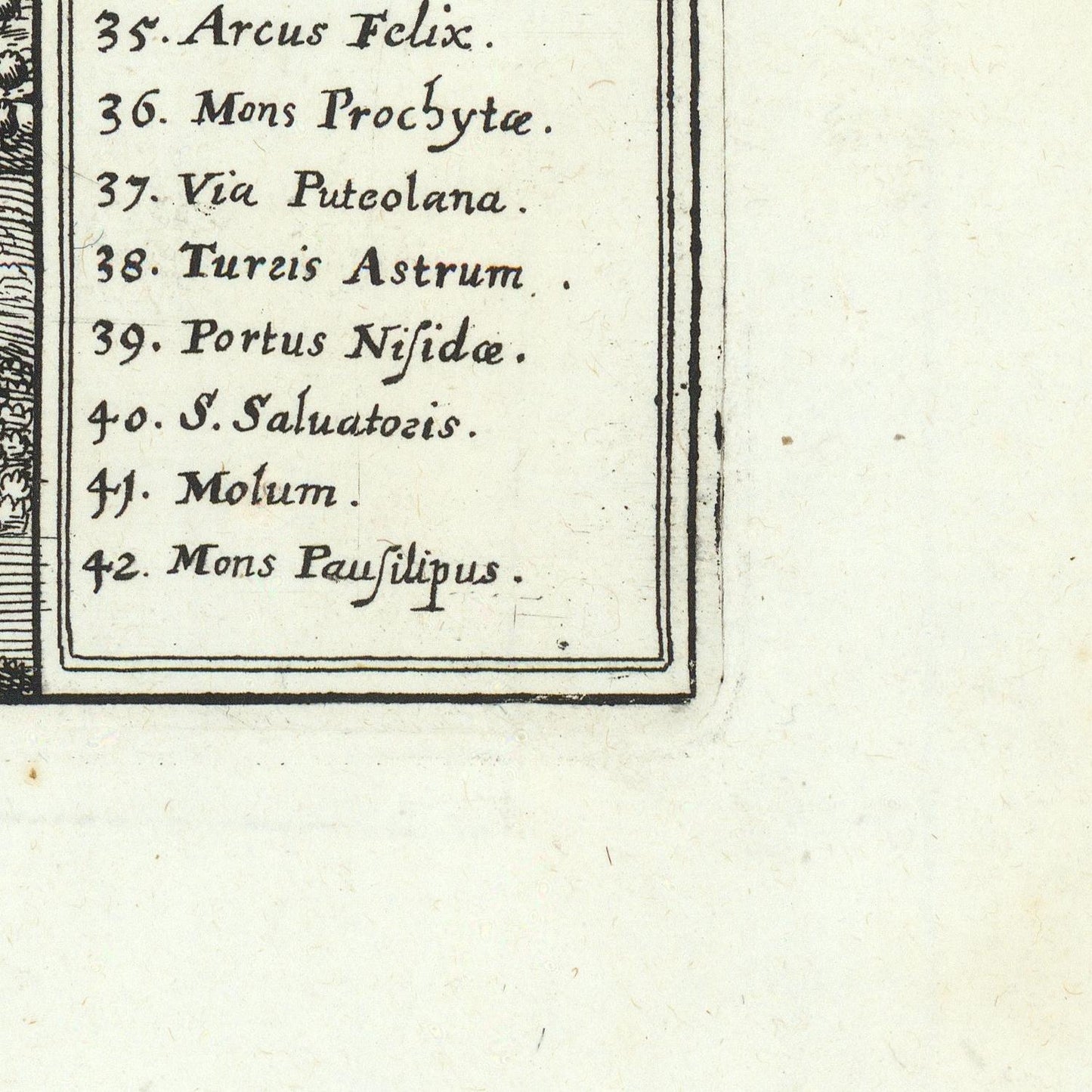 A close-up of an antique printed page showing a numbered list of place or route names in black handwritten-style text on aged off-white paper, with the numbers 35 through 42 visible.