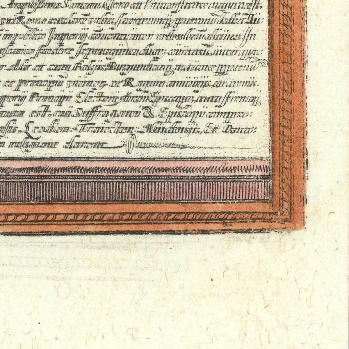 A close-up detail of a vintage printed page with handwritten black ink text, a brown border, and a pink decorative stripe on aged off-white paper.
