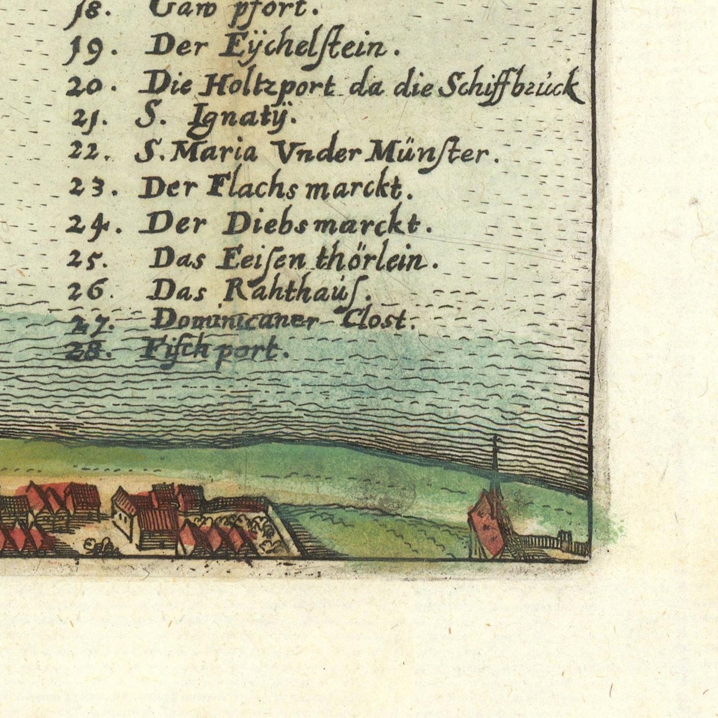 A close-up of an antique printed map or page showing handwritten place names in German on the left and a small illustrated landscape with buildings, fields, and a church at the bottom right.