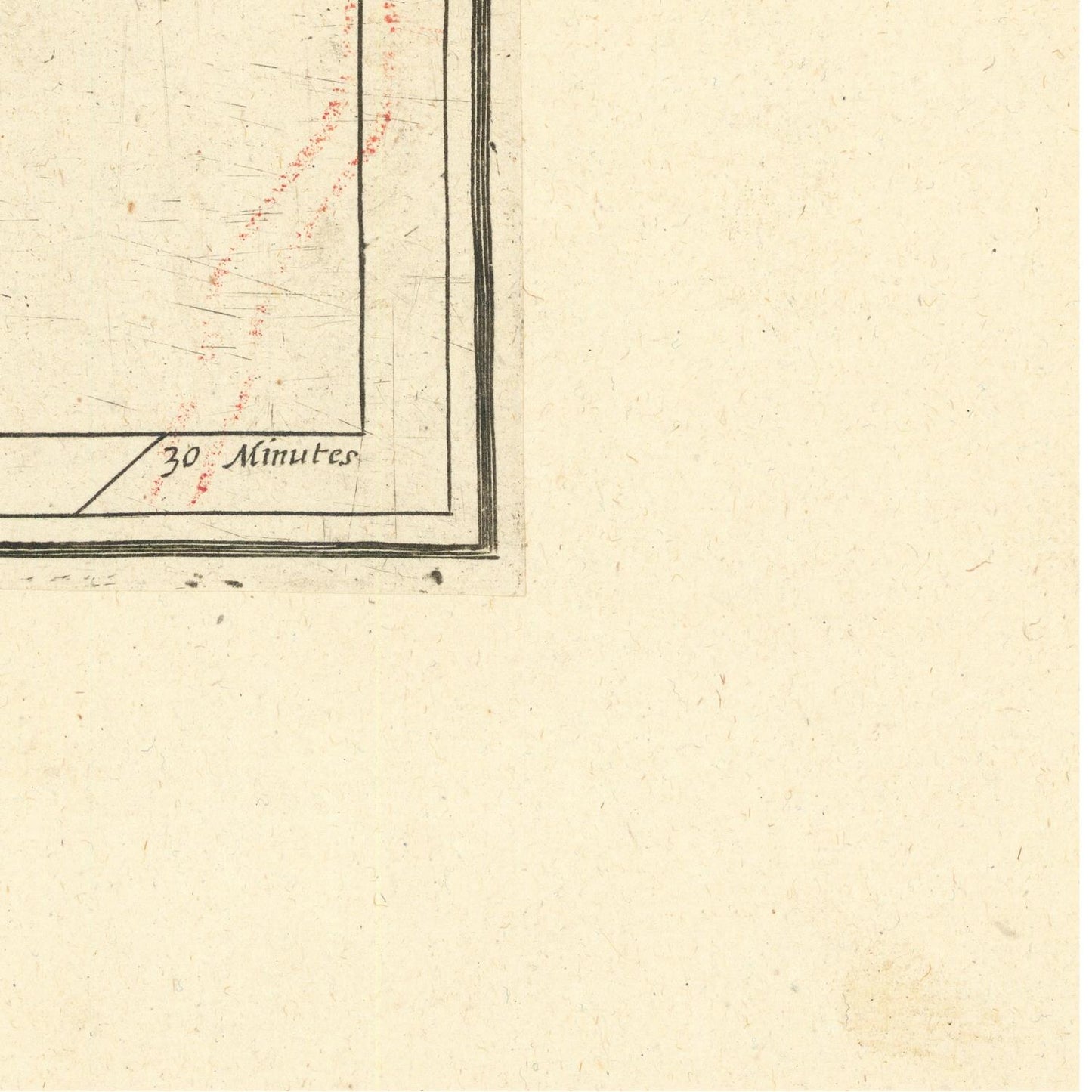 Close-up detail of a vintage map print on aged beige paper, showing part of a black-lined border, faint red markings, and the text '30 Minutes'.