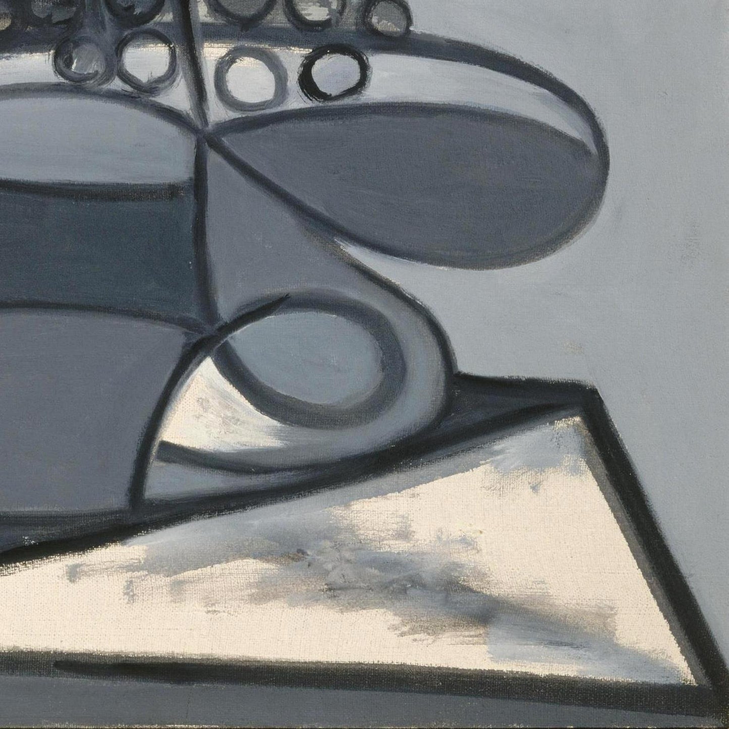Abstract still life painting featuring a teacup and saucer in shades of gray, black, and off-white with thick black outlines.
