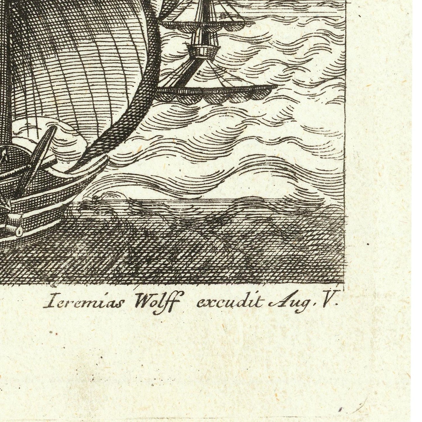 A close-up of a vintage black ink nautical print on aged cream paper, showing part of a sailing ship with wavy sea lines and the handwritten text 'Ieremias Wolff excudit Aug. V.