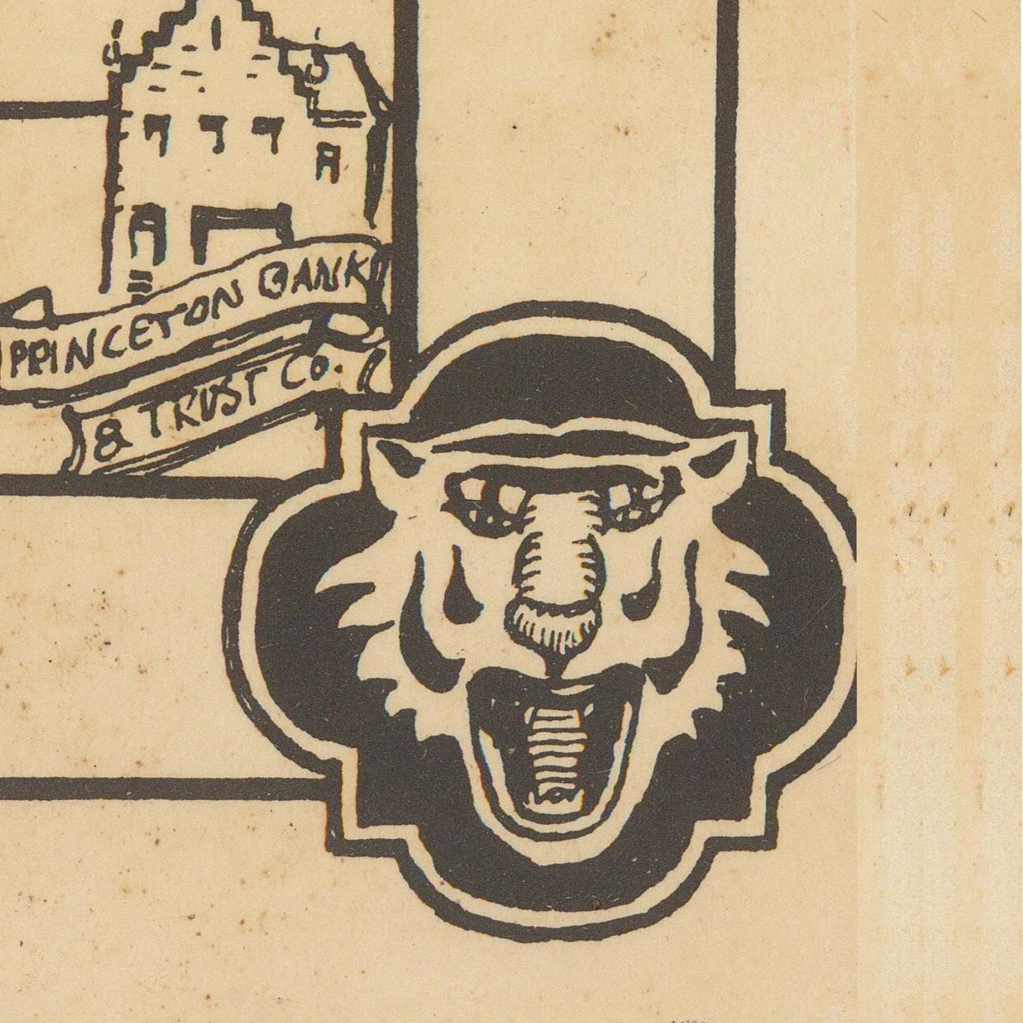 Vintage black ink illustration on aged beige paper, featuring a stylized roaring tiger head emblem and part of a building with a banner reading Princeton Bank & Trust Co.