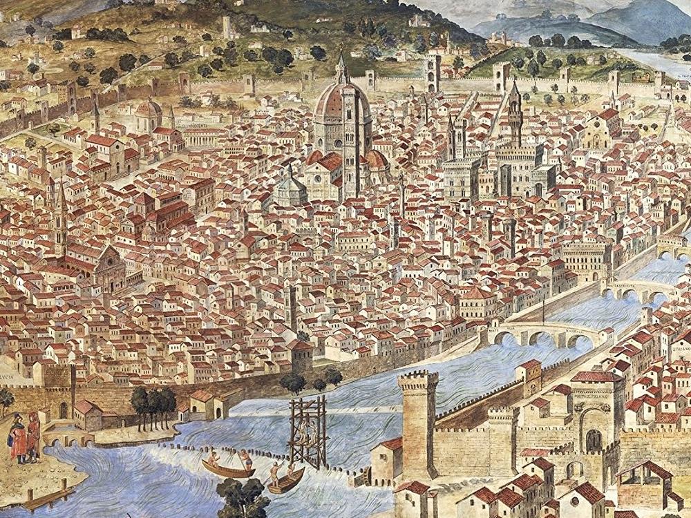 Ancient bird's eye view of Florence, Tuscany, Italy, 1490, (canvas print, 39 cm x 88 cm)