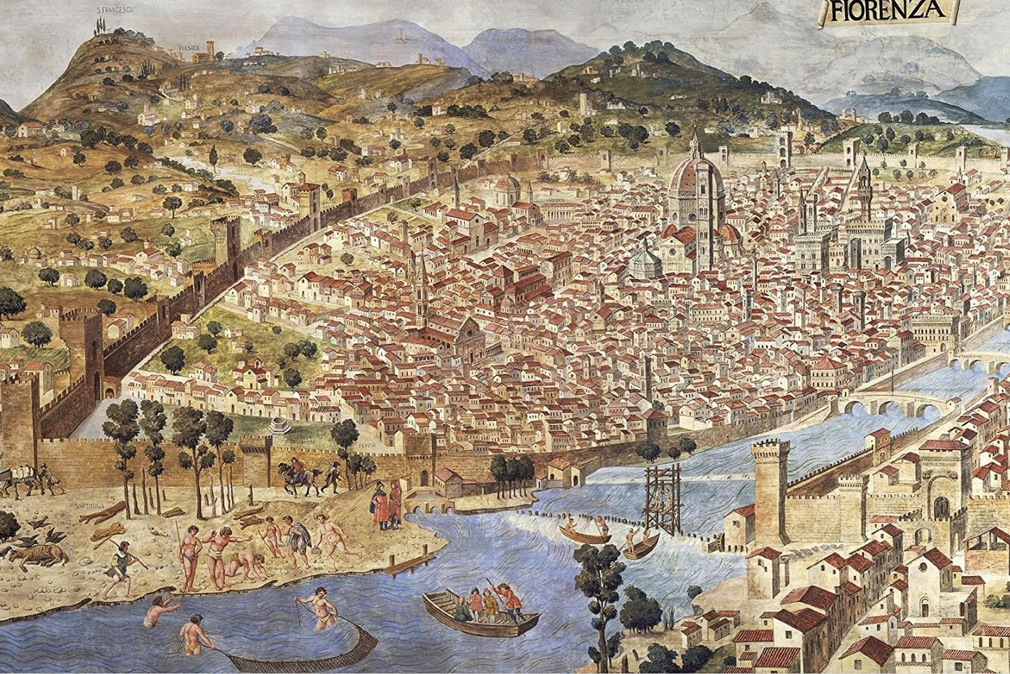 Ancient bird's eye view of Florence, Tuscany, Italy, 1490, (canvas print, 39 cm x 88 cm)