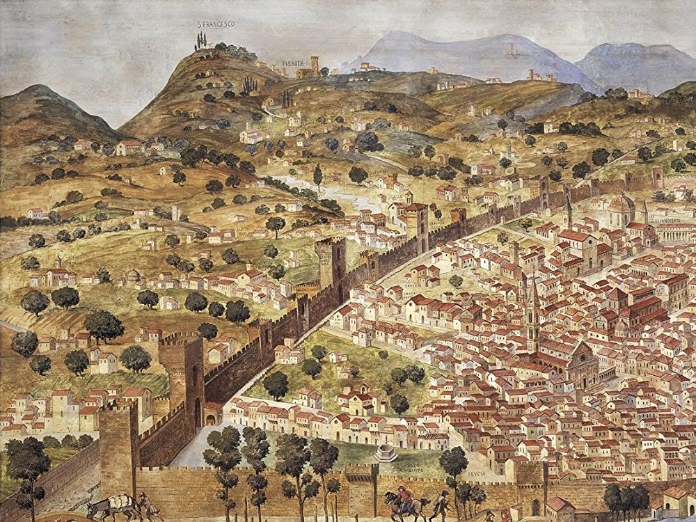 Ancient bird's eye view of Florence, Tuscany, Italy, 1490, (canvas print, 39 cm x 88 cm)