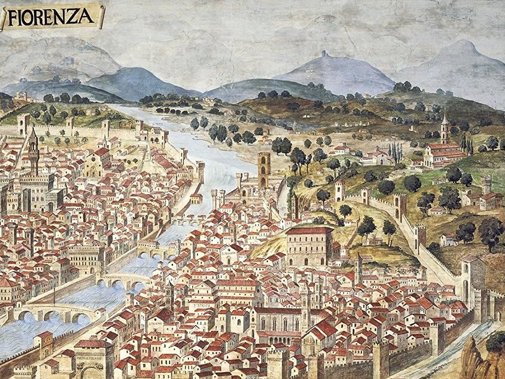 Ancient bird's eye view of Florence, Tuscany, Italy, 1490, (canvas print, 39 cm x 88 cm)