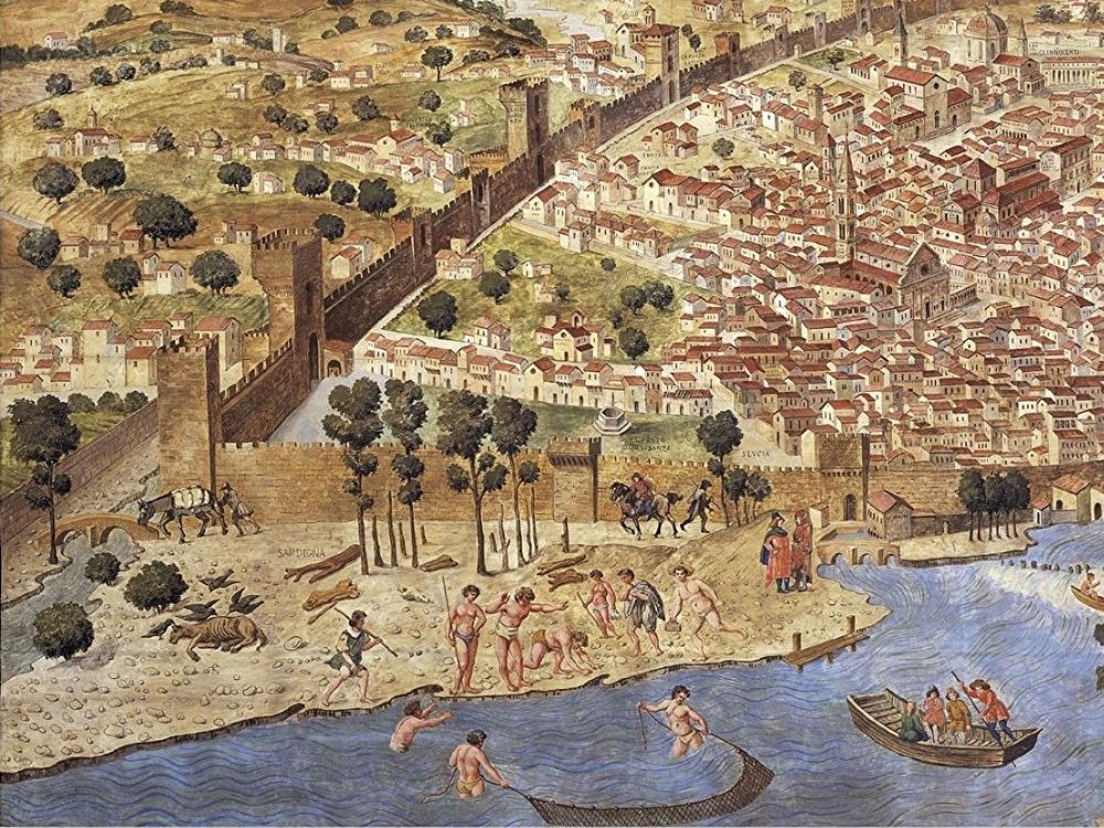 Ancient bird's eye view of Florence, Tuscany, Italy, 1490, (canvas print, 39 cm x 88 cm)