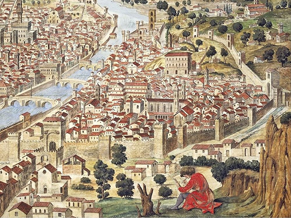 Ancient bird's eye view of Florence, Tuscany, Italy, 1490, (canvas print, 39 cm x 88 cm)