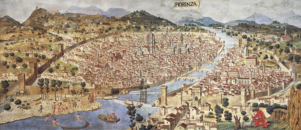 Ancient bird's eye view of Florence, Tuscany, Italy, 1490, (canvas print, 39 cm x 88 cm)